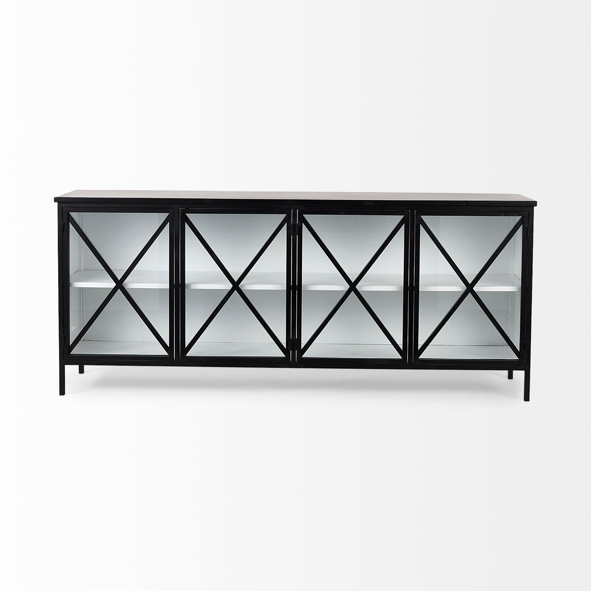 Aurelia 79.0L x 16.0W x 33.0H Black and White Metal Four Door Glass Cabinet-Sideboards & Buffets-DECOROLALA