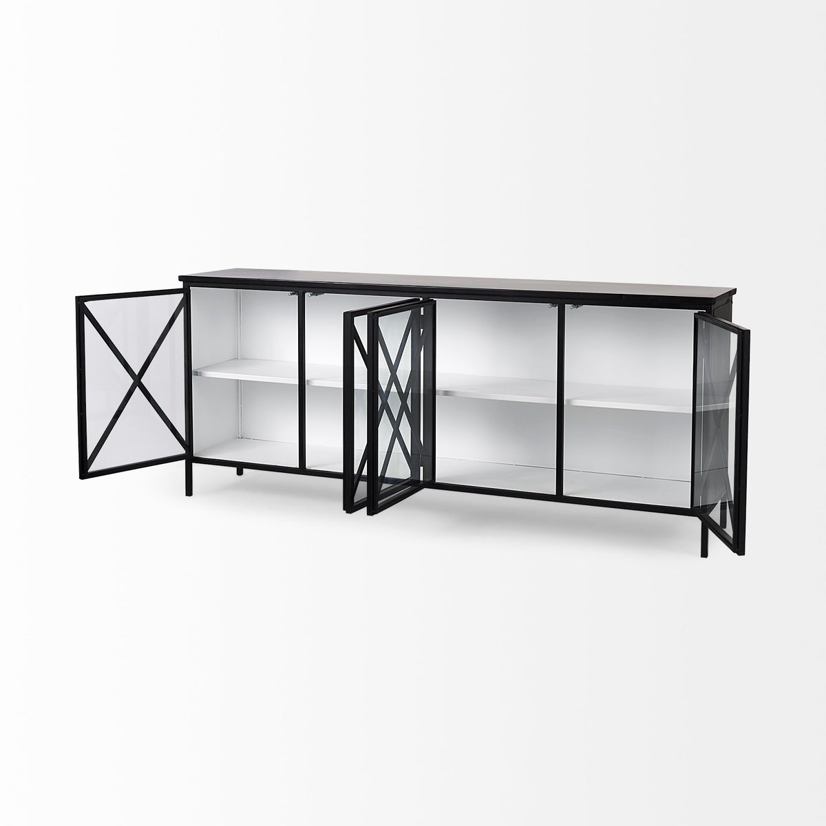 Aurelia 79.0L x 16.0W x 33.0H Black and White Metal Four Door Glass Cabinet-Sideboards & Buffets-DECOROLALA