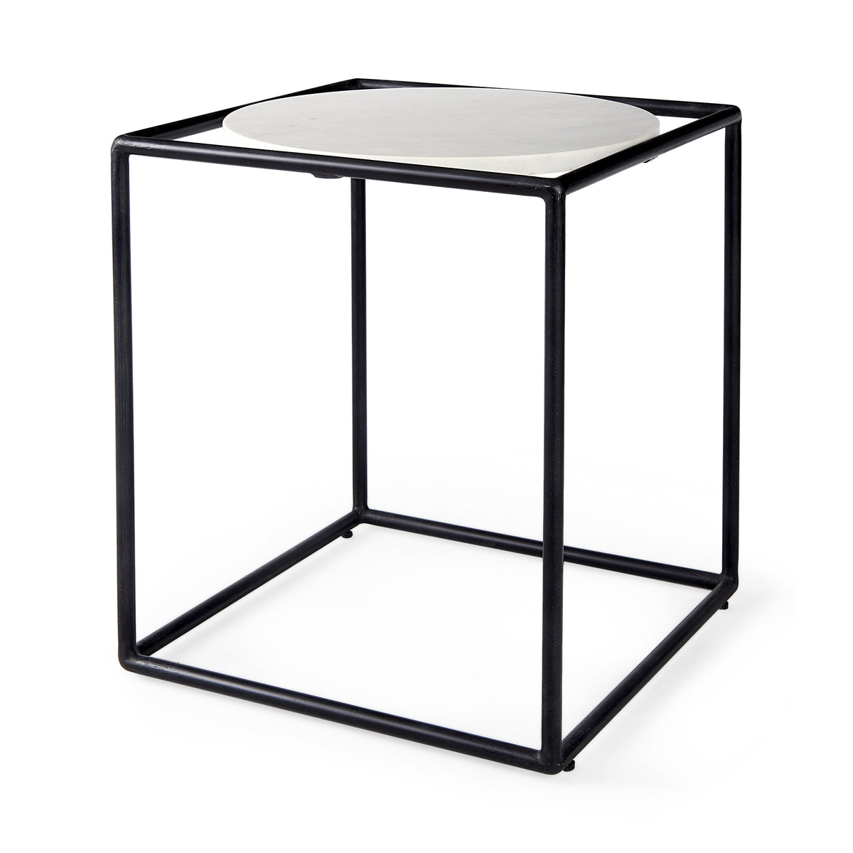 Austen 20L x 20W x 22H Round White Marble Top W/ Black Metal Frame Side Table-End and Side Tables-DECOROLALA