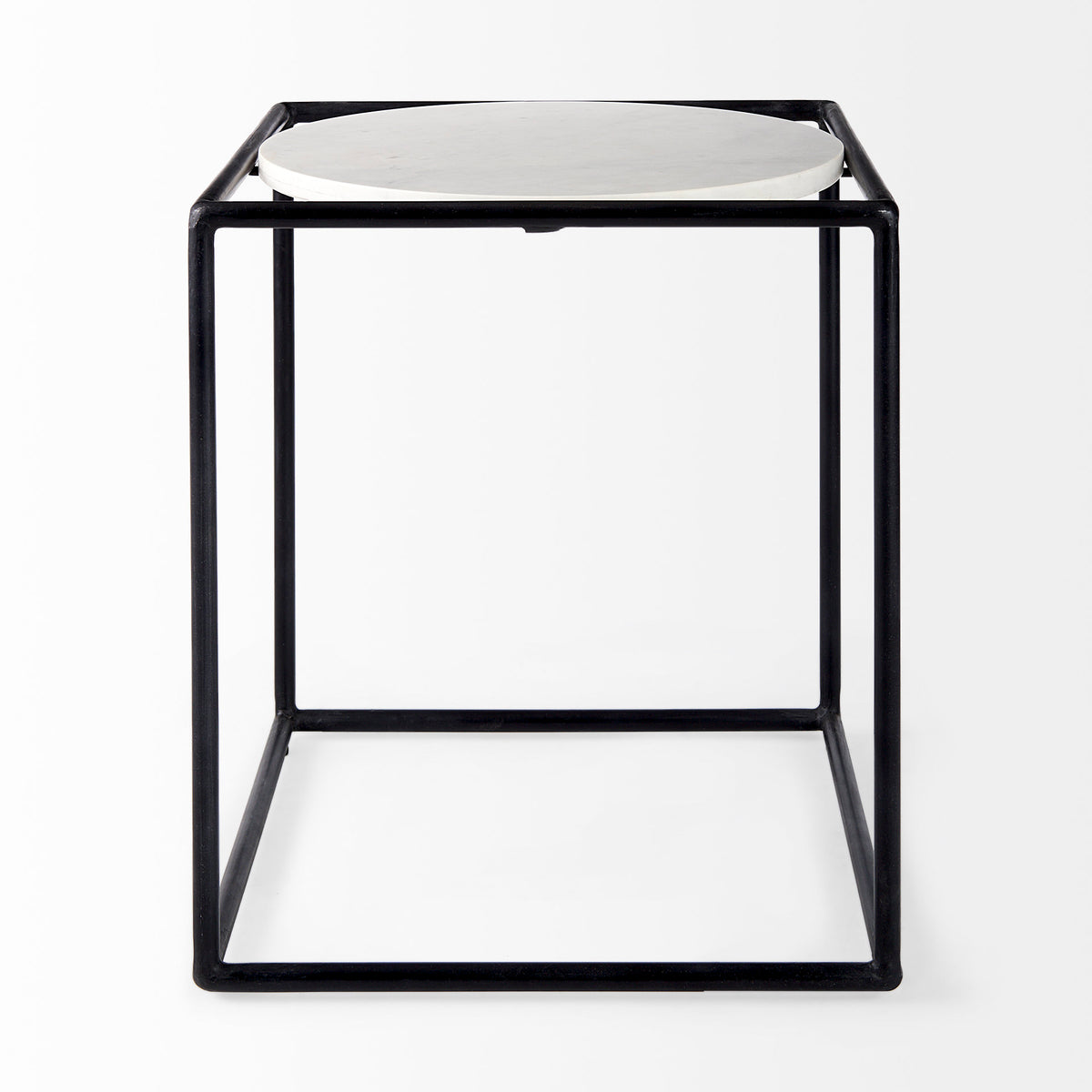Austen 20L x 20W x 22H Round White Marble Top W/ Black Metal Frame Side Table-End and Side Tables-DECOROLALA
