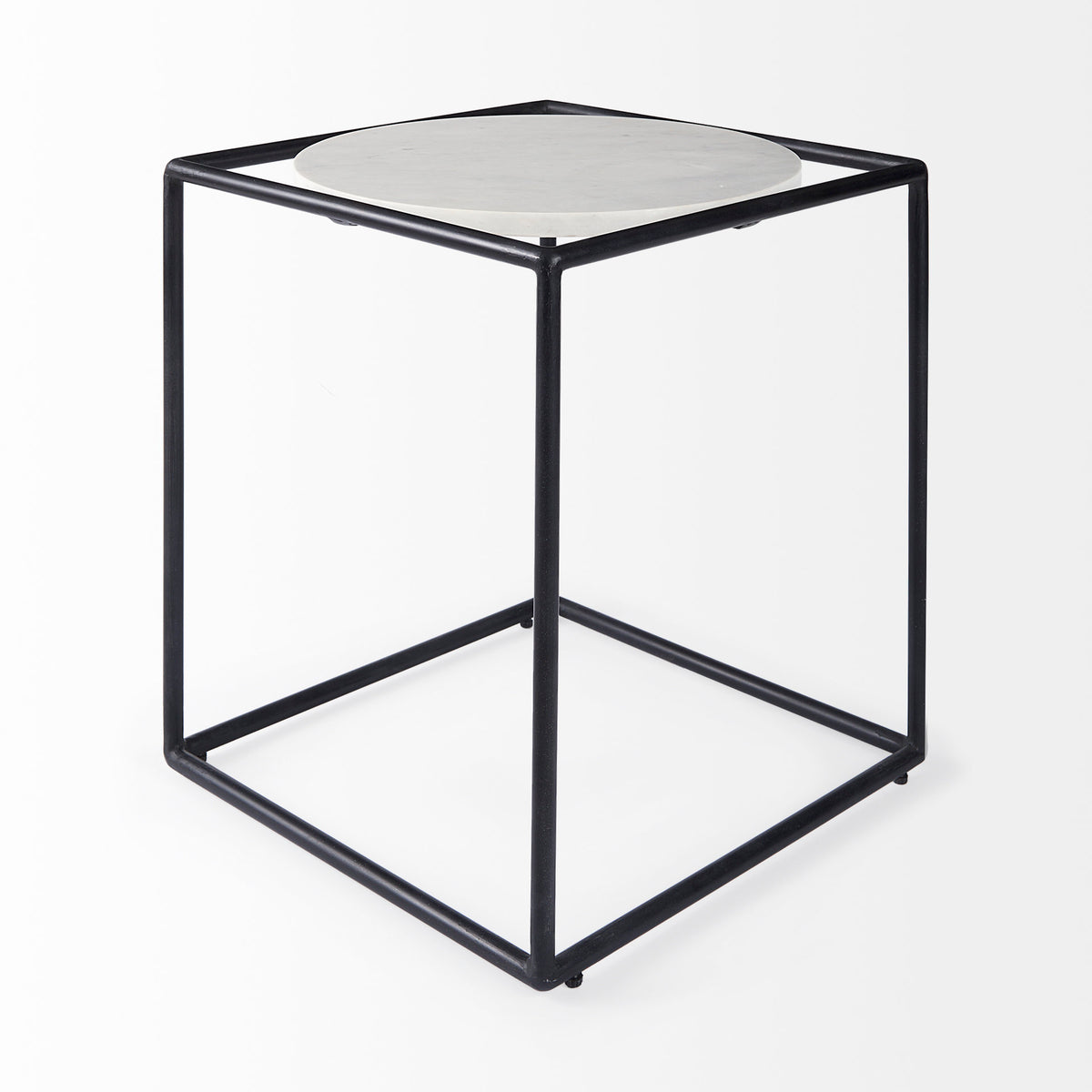 Austen 20L x 20W x 22H Round White Marble Top W/ Black Metal Frame Side Table-End and Side Tables-DECOROLALA