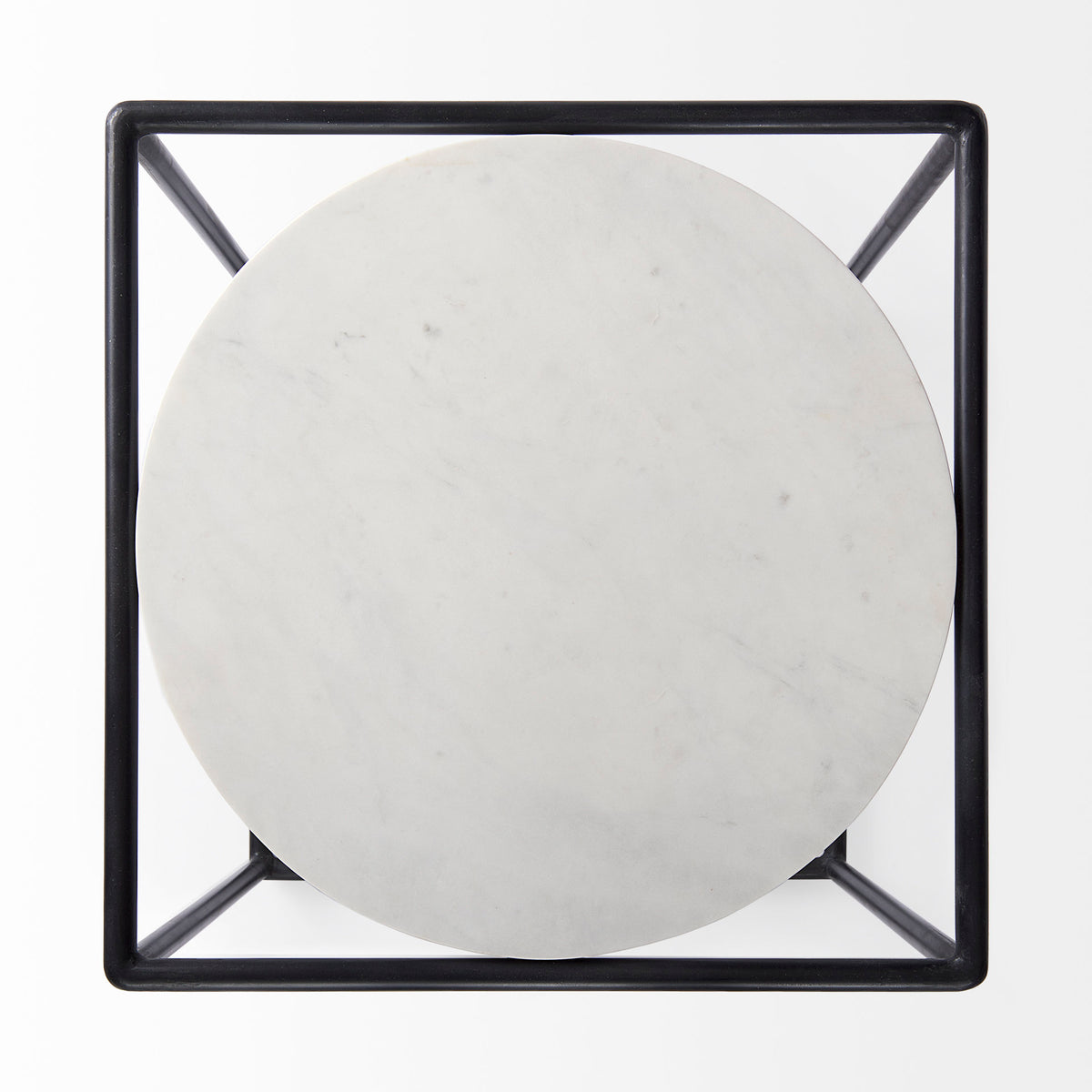 Austen 20L x 20W x 22H Round White Marble Top W/ Black Metal Frame Side Table-End and Side Tables-DECOROLALA
