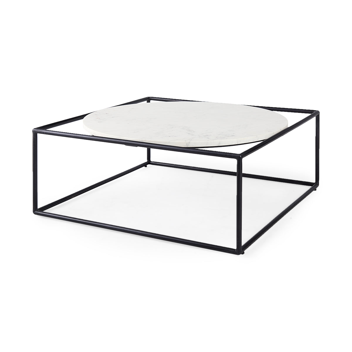 Austen 36L x 36W x 14.5H Round White Marble Top W/ Black Metal Frame Coffee Table-Coffee Tables-DECOROLALA