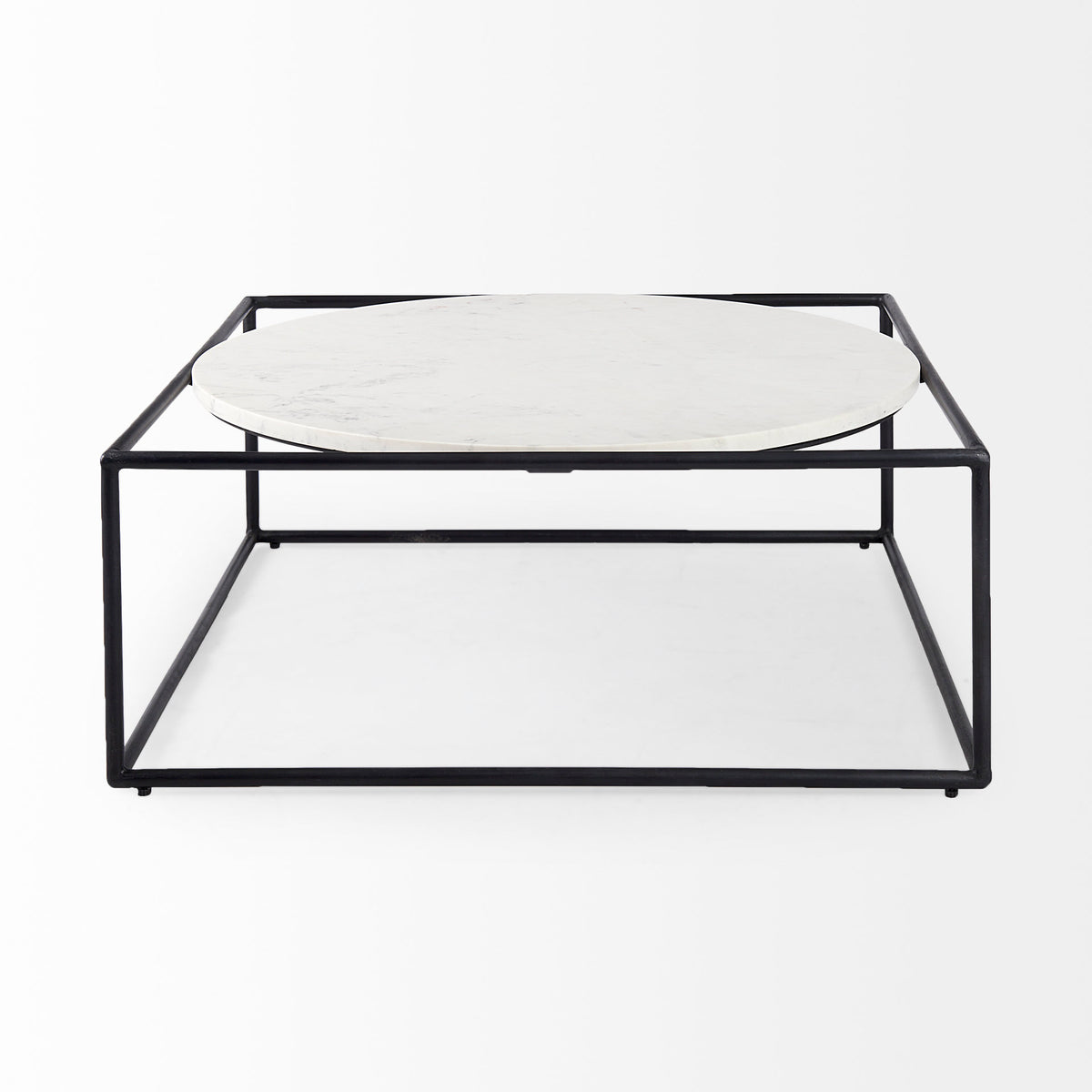 Austen 36L x 36W x 14.5H Round White Marble Top W/ Black Metal Frame Coffee Table-Coffee Tables-DECOROLALA