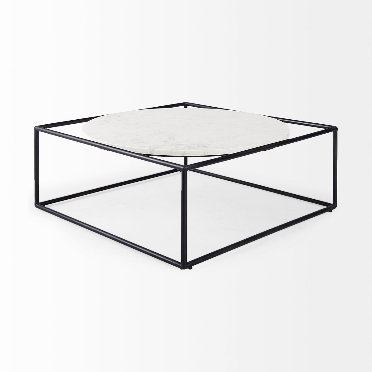 Austen 36L x 36W x 14.5H Round White Marble Top W/ Black Metal Frame Coffee Table-Coffee Tables-DECOROLALA