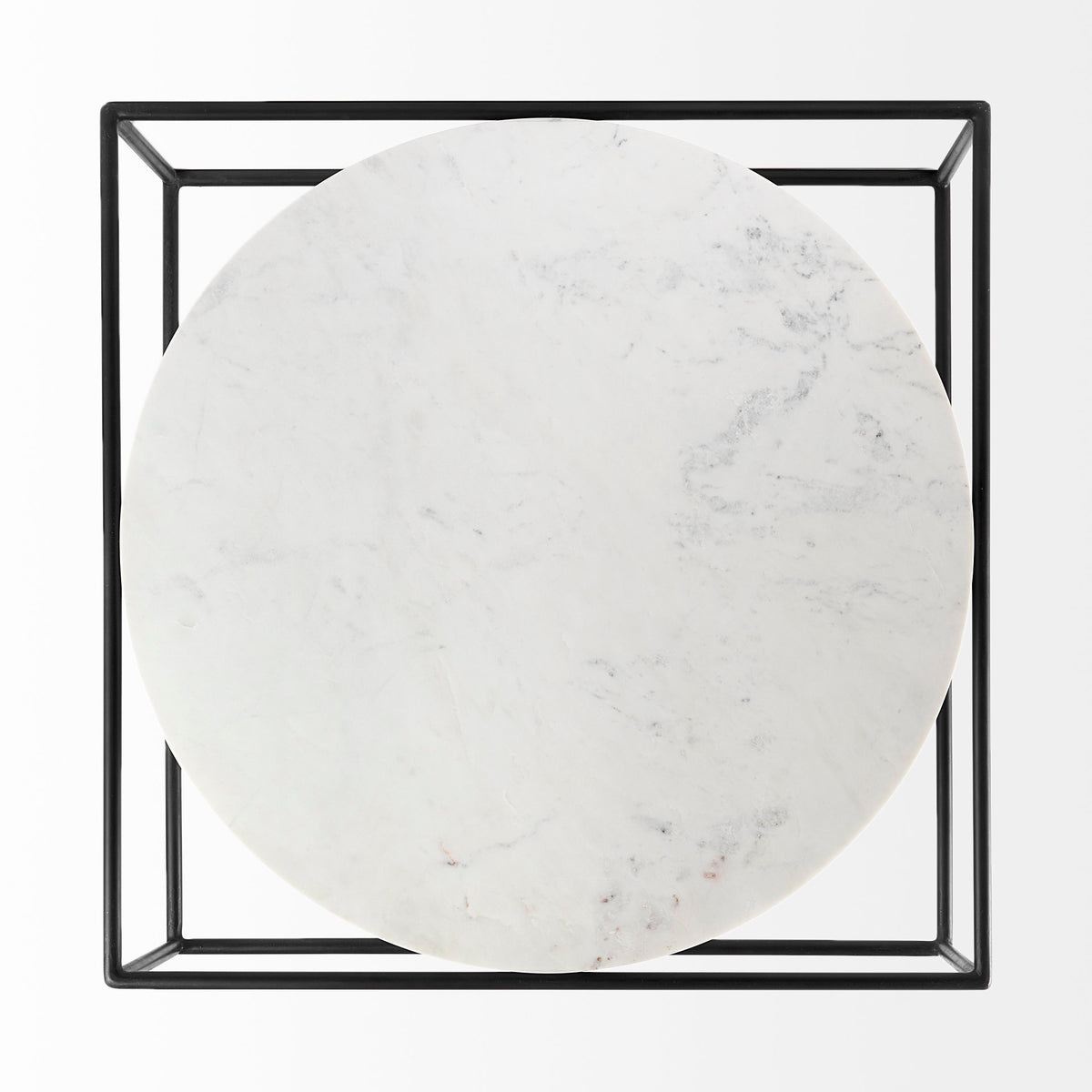 Austen 36L x 36W x 14.5H Round White Marble Top W/ Black Metal Frame Coffee Table-Coffee Tables-DECOROLALA