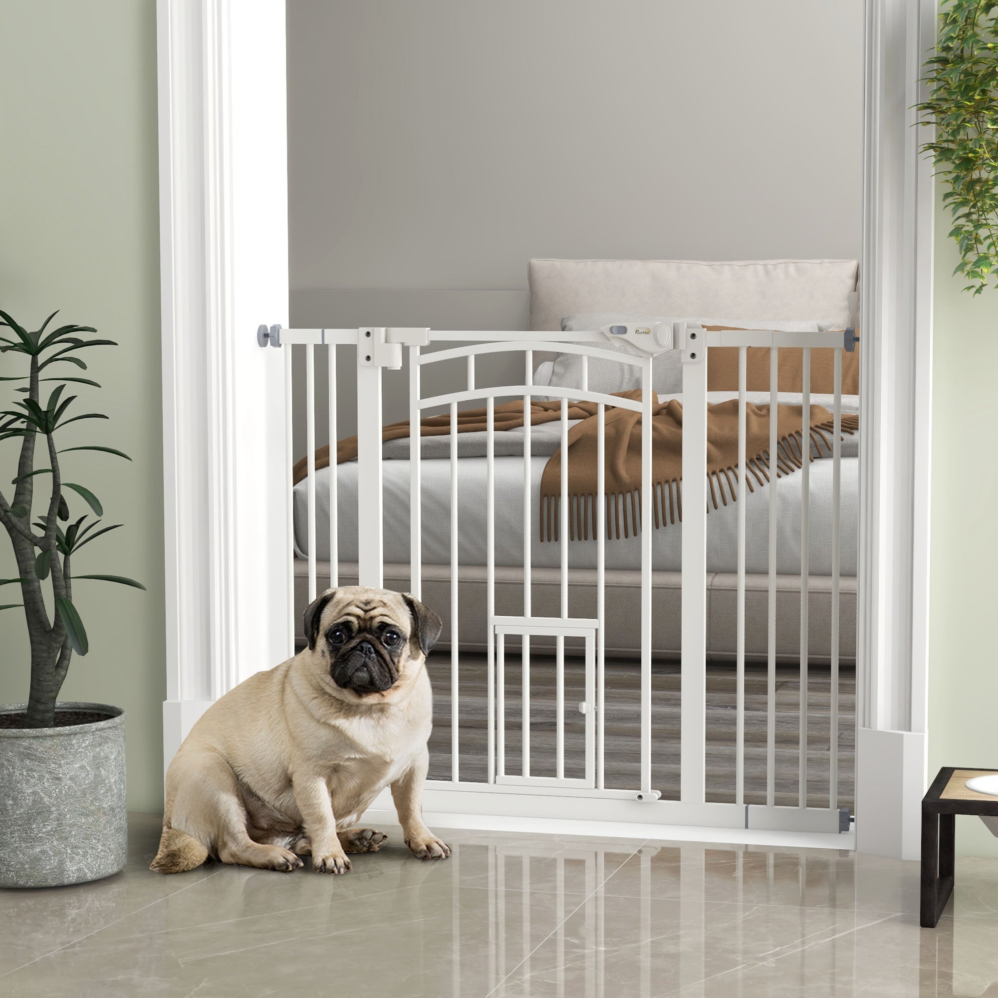Auto-Close Pet Gate with Cat Door - White 29"-39.4" Wide-Dogs-DECOROLALA