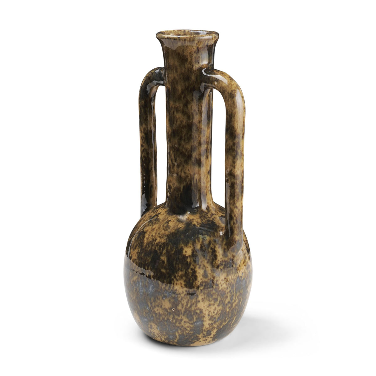 Aven Mottled Brown Glazed Ceramic Tall Neck Decorative Vase w/ Handles-Vase-DECOROLALA