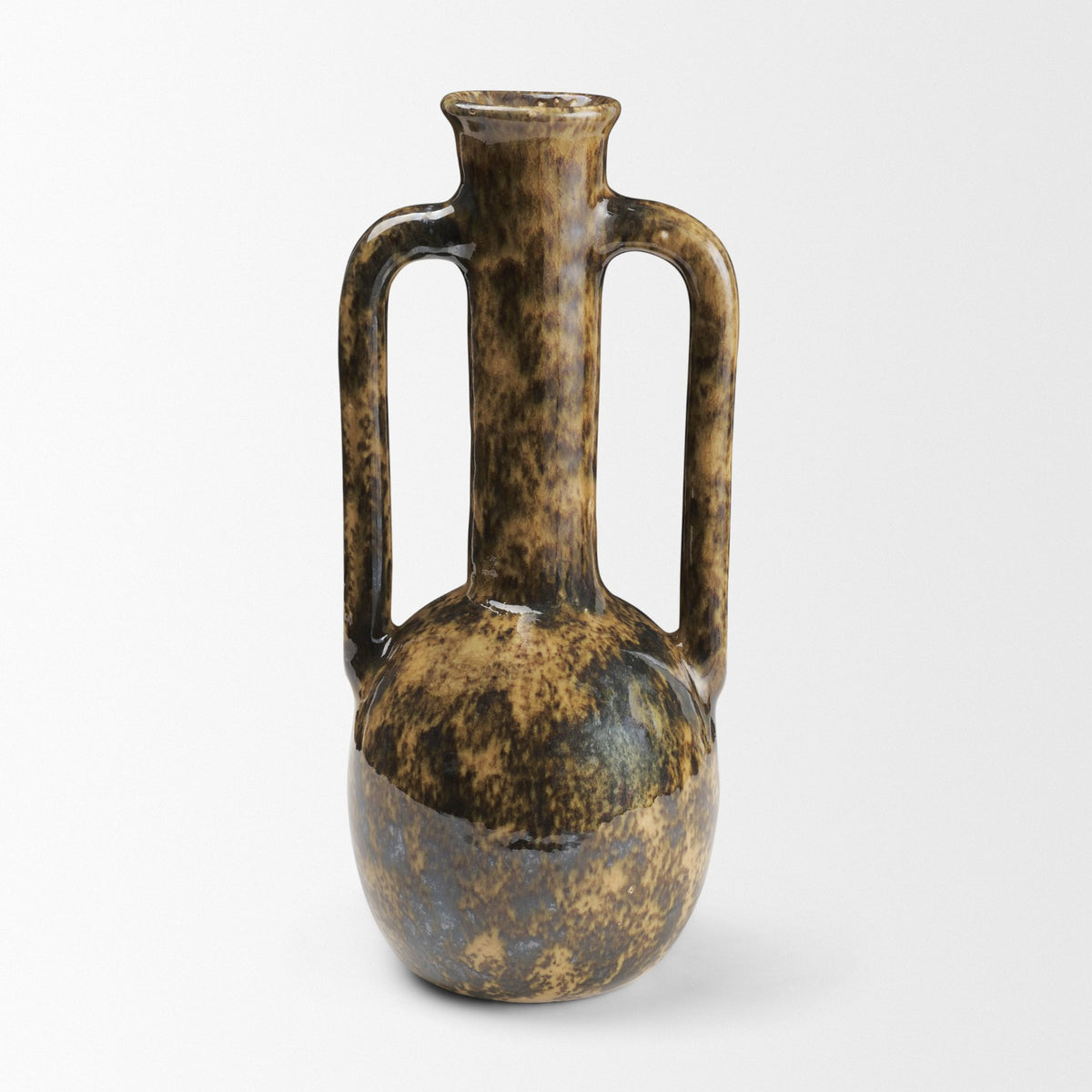 Aven Mottled Brown Glazed Ceramic Tall Neck Decorative Vase w/ Handles-Vase-DECOROLALA