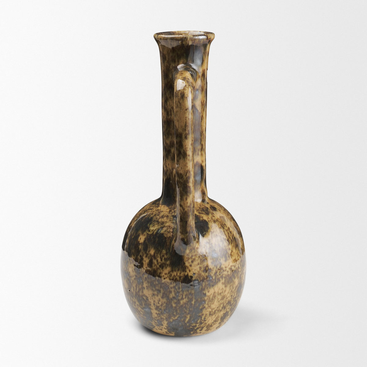 Aven Mottled Brown Glazed Ceramic Tall Neck Decorative Vase w/ Handles-Vase-DECOROLALA