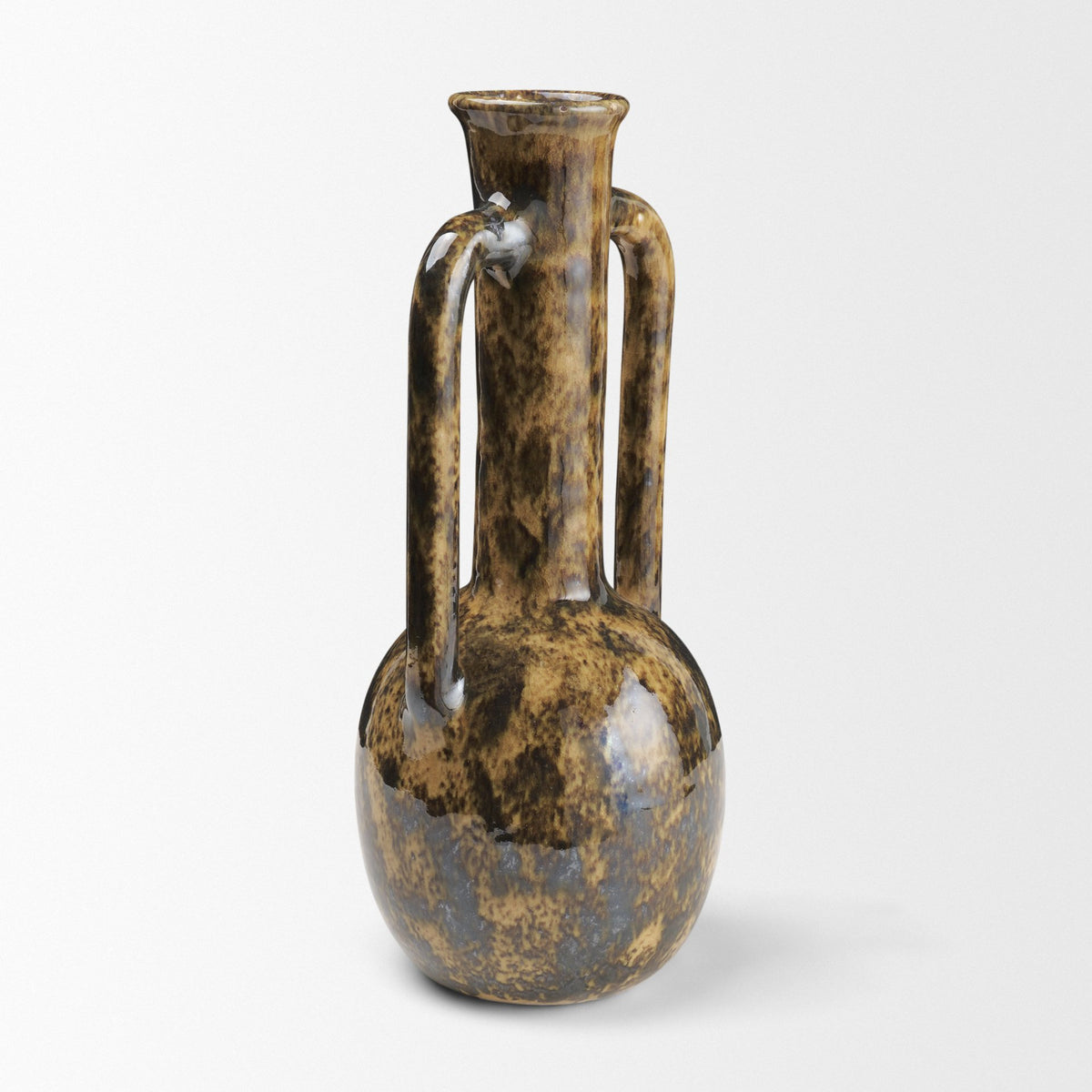 Aven Mottled Brown Glazed Ceramic Tall Neck Decorative Vase w/ Handles-Vase-DECOROLALA