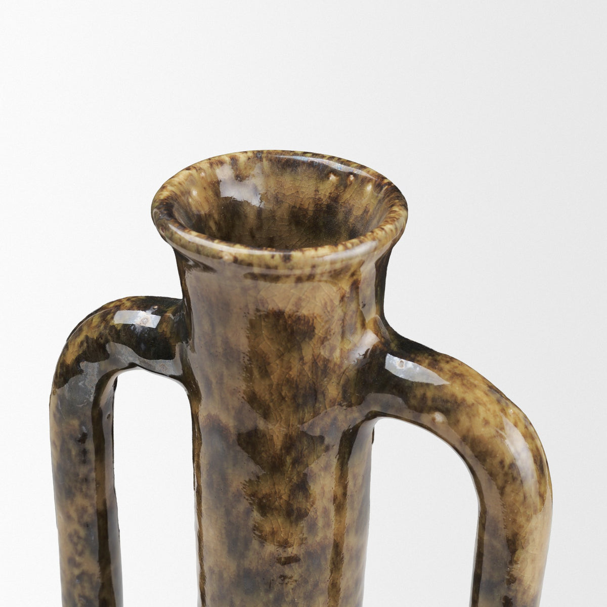Aven Mottled Brown Glazed Ceramic Tall Neck Decorative Vase w/ Handles-Vase-DECOROLALA