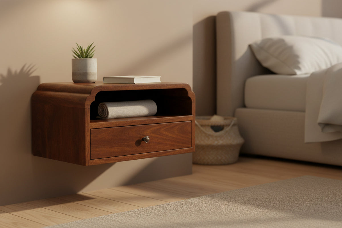 Avora Wall-Mounted Bedside Table - Chestnut Solid Mango Wood-Nightstands-DECOROLALA