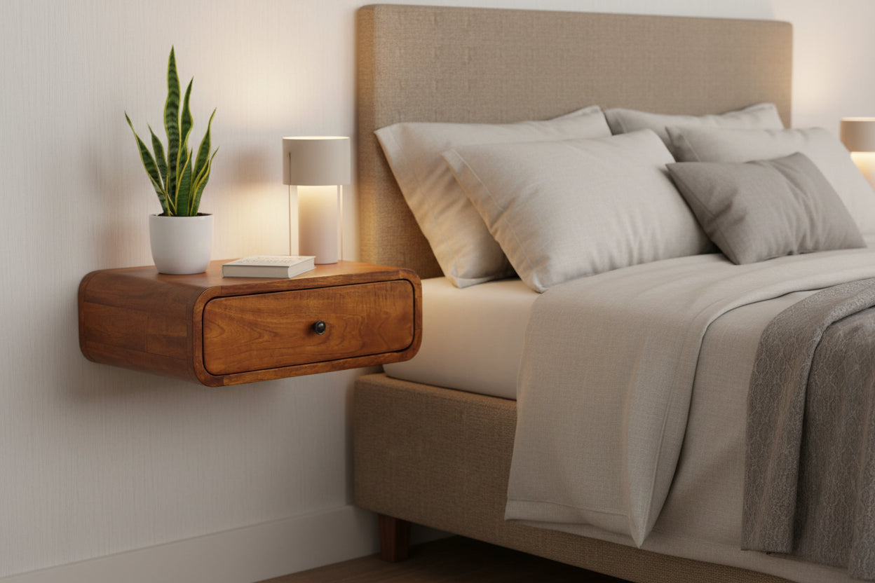 Avora Wall-Mounted Nightstand - Chestnut Solid Mango Wood-Nightstand-DECOROLALA