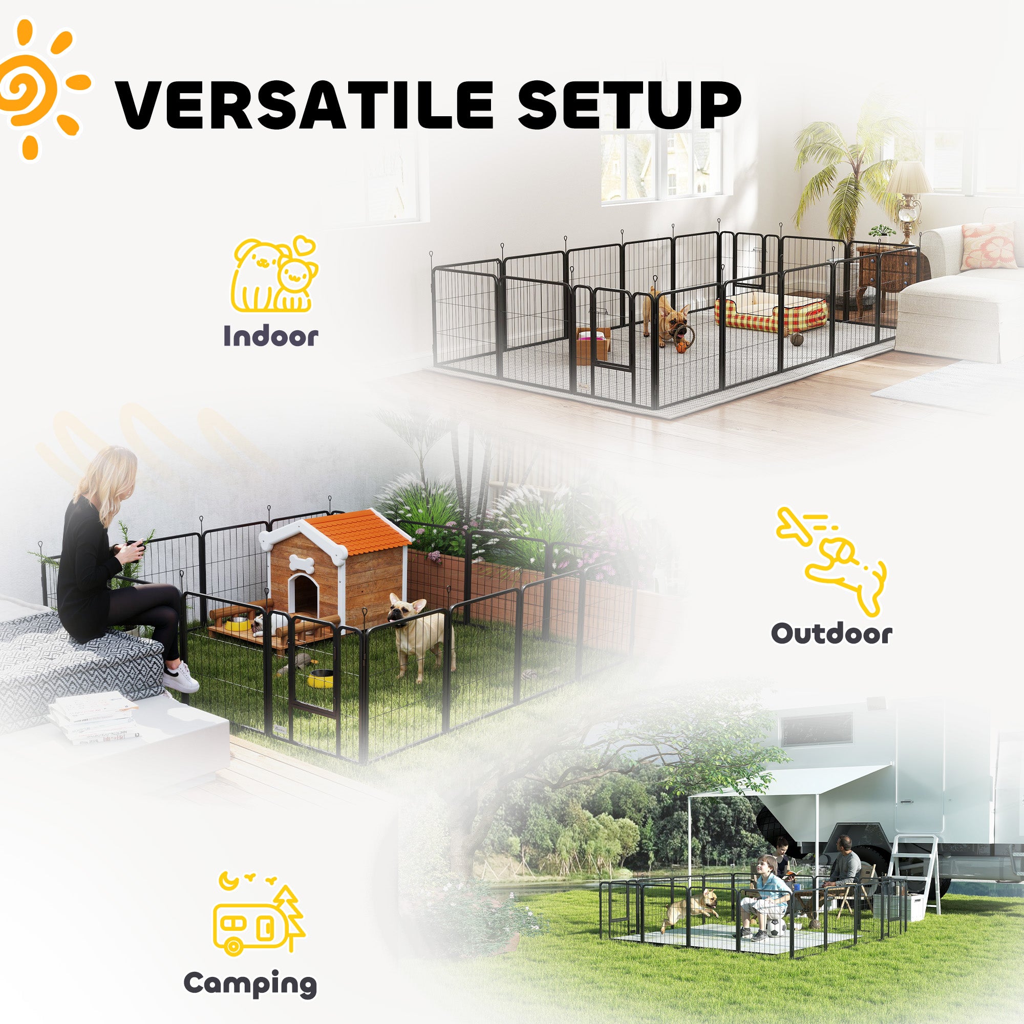 16 Panels Dog Playpen with Straps, Portable & DIY, for Small Dogs, for Yard, RV, Camping, Garden, 24" Height
