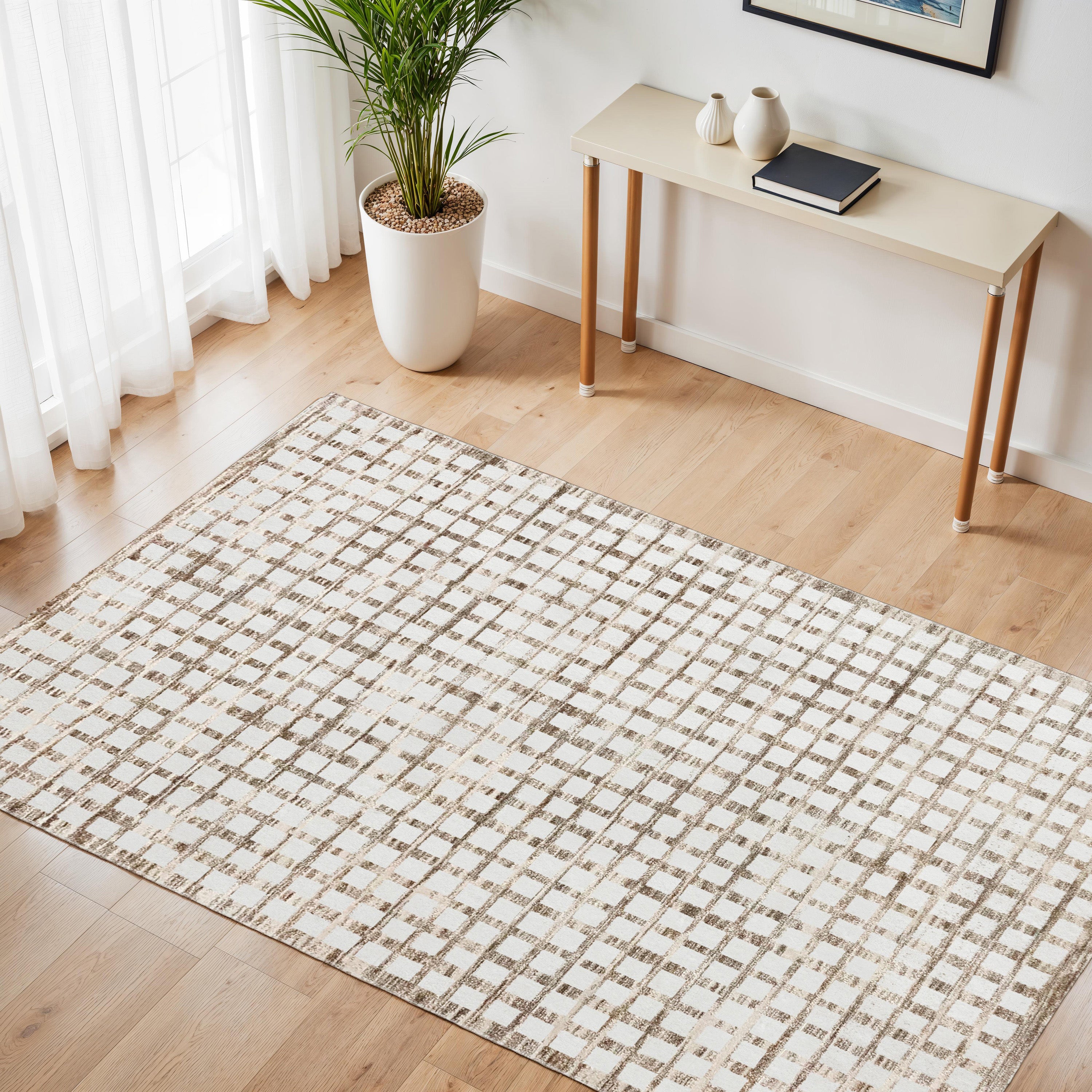 Aya Brown and Beige Geometric Carpet-DECOROLALA