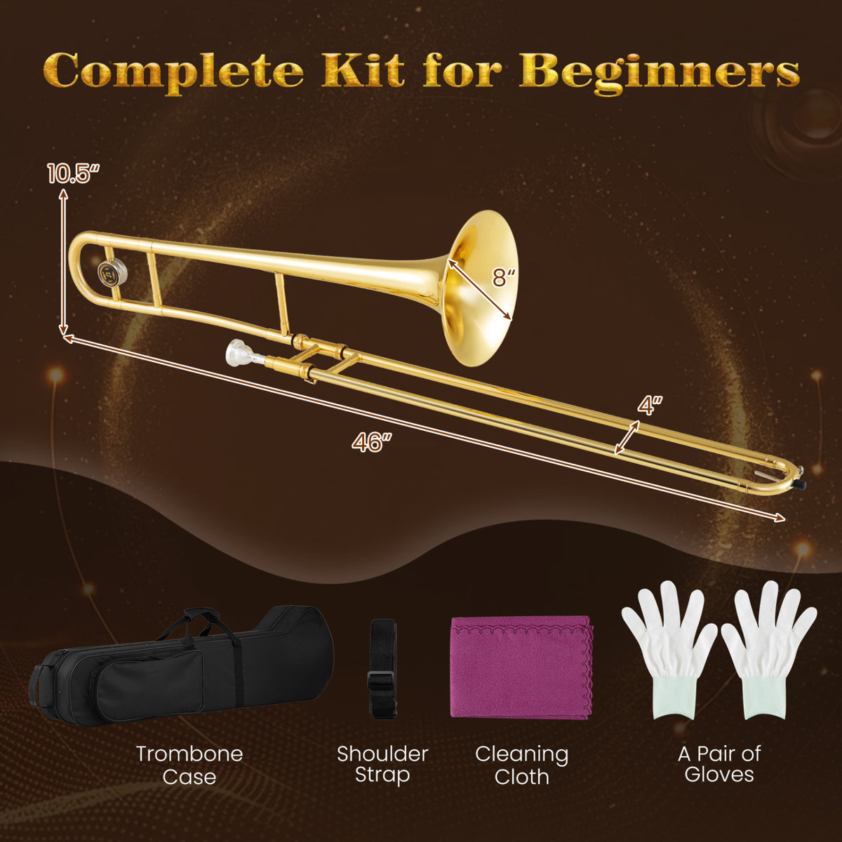 B Flat Tenor Slide Trombone - Gold Brass with Case and Mouthpiece-Musical Instruments-DECOROLALA