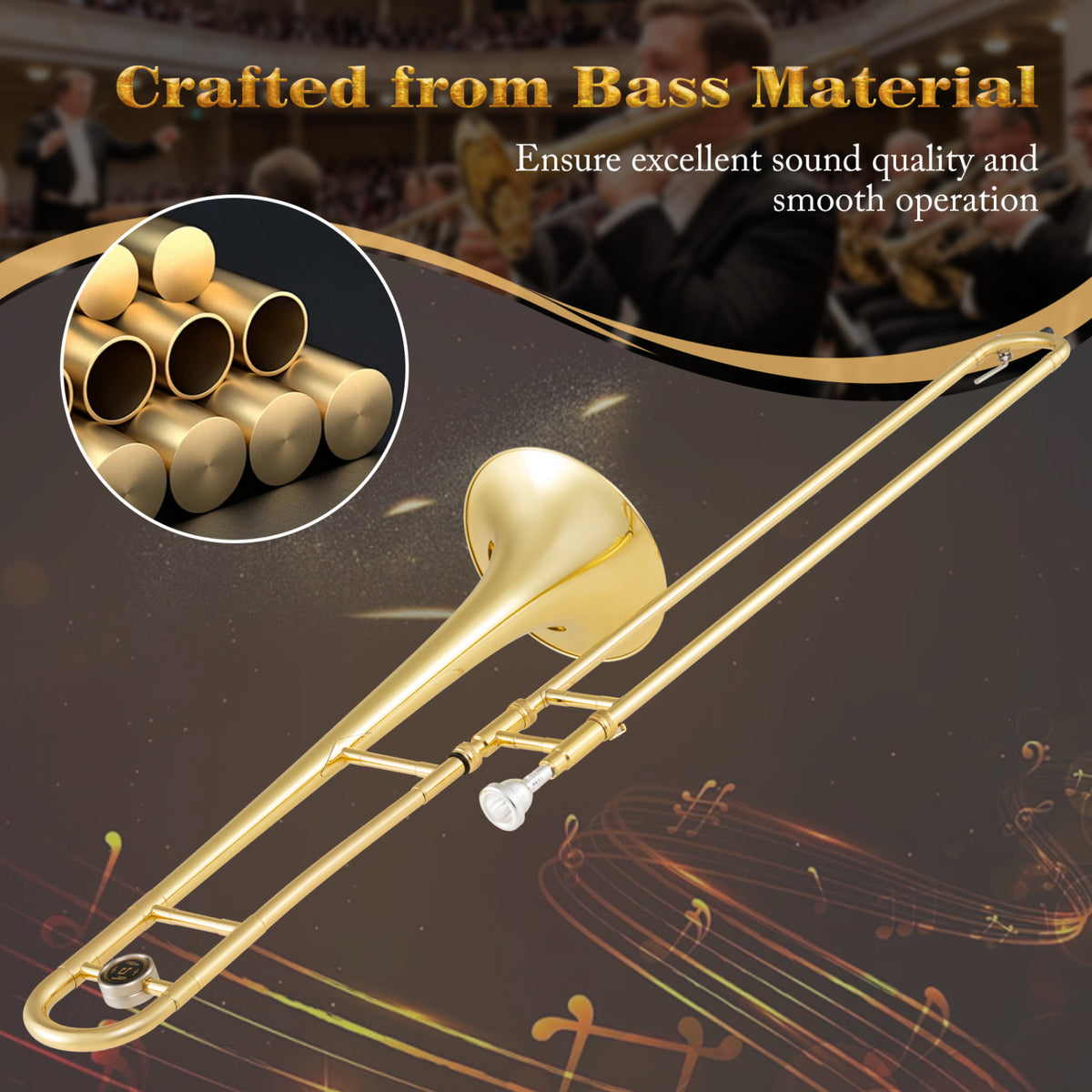 B Flat Tenor Slide Trombone - Gold Brass with Case and Mouthpiece-Musical Instruments-DECOROLALA