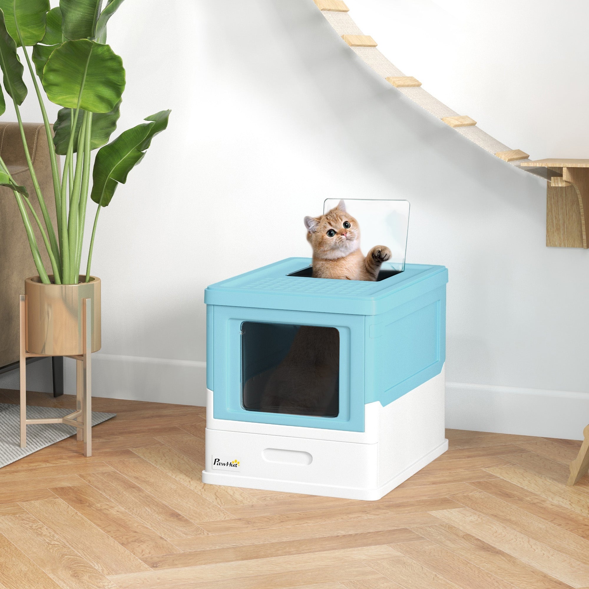Top Entry Enclosed Kitty Litter Box with Scoop, Tray, Front Entry, Large Space, Foldable, Portable, Blue