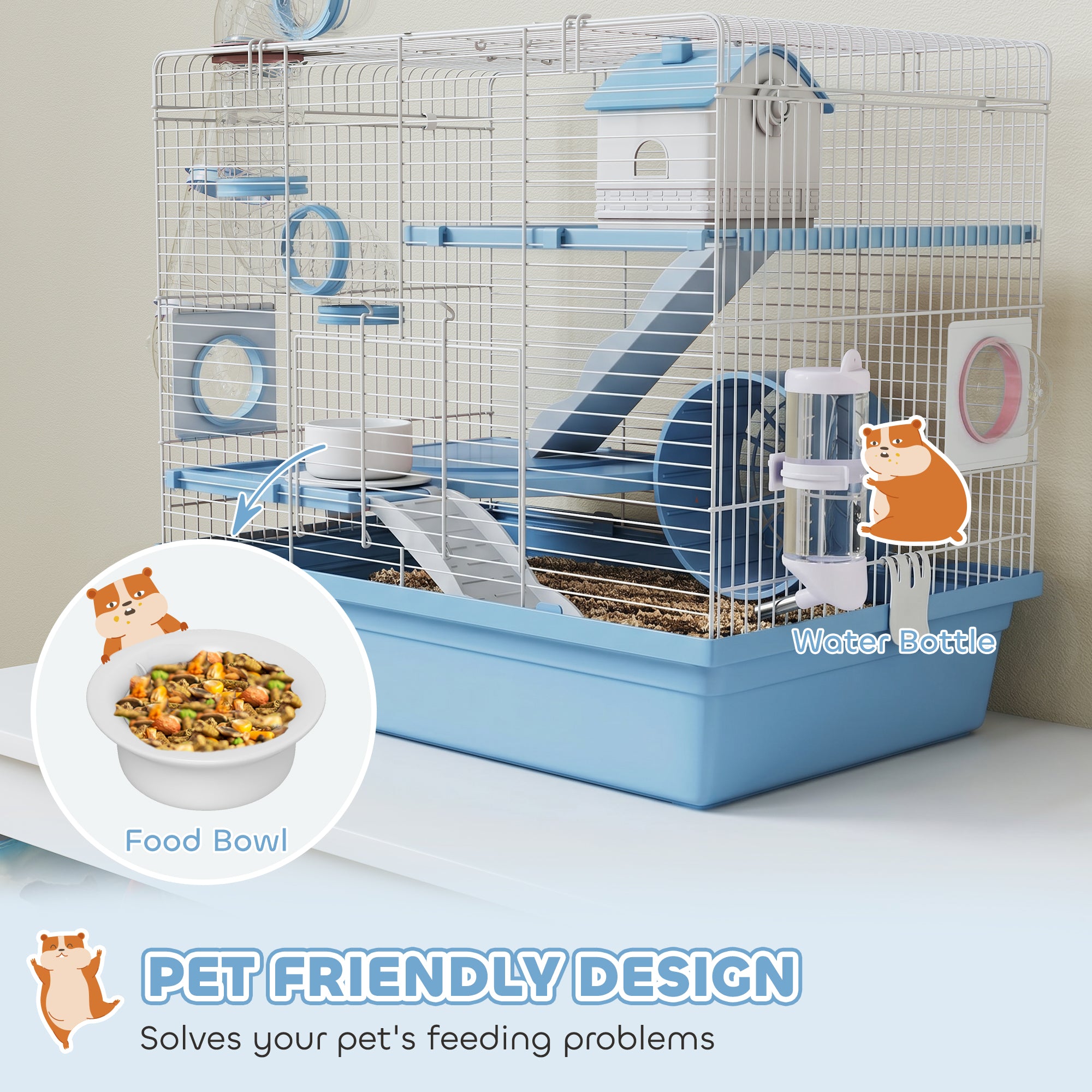 Hamster Cage, 3-Tier Small Animal Cage with Excerise Wheel, Food Bowl, Water Bottle, House, Tunnels, Ramps