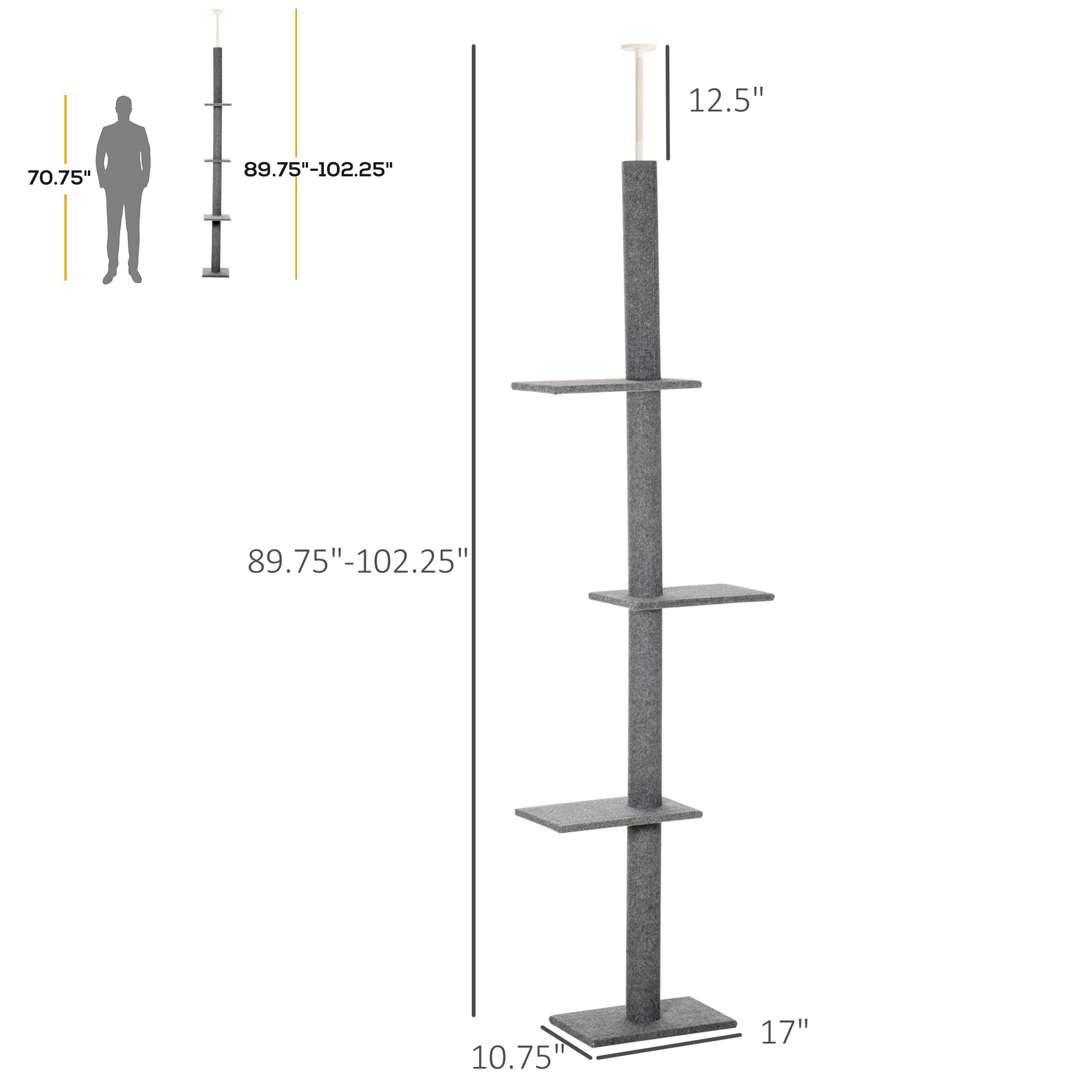 100" Floor To Ceiling Cat Tree w/ 3 Perches Activity Center for Kittens Cat Tower Furniture, Grey