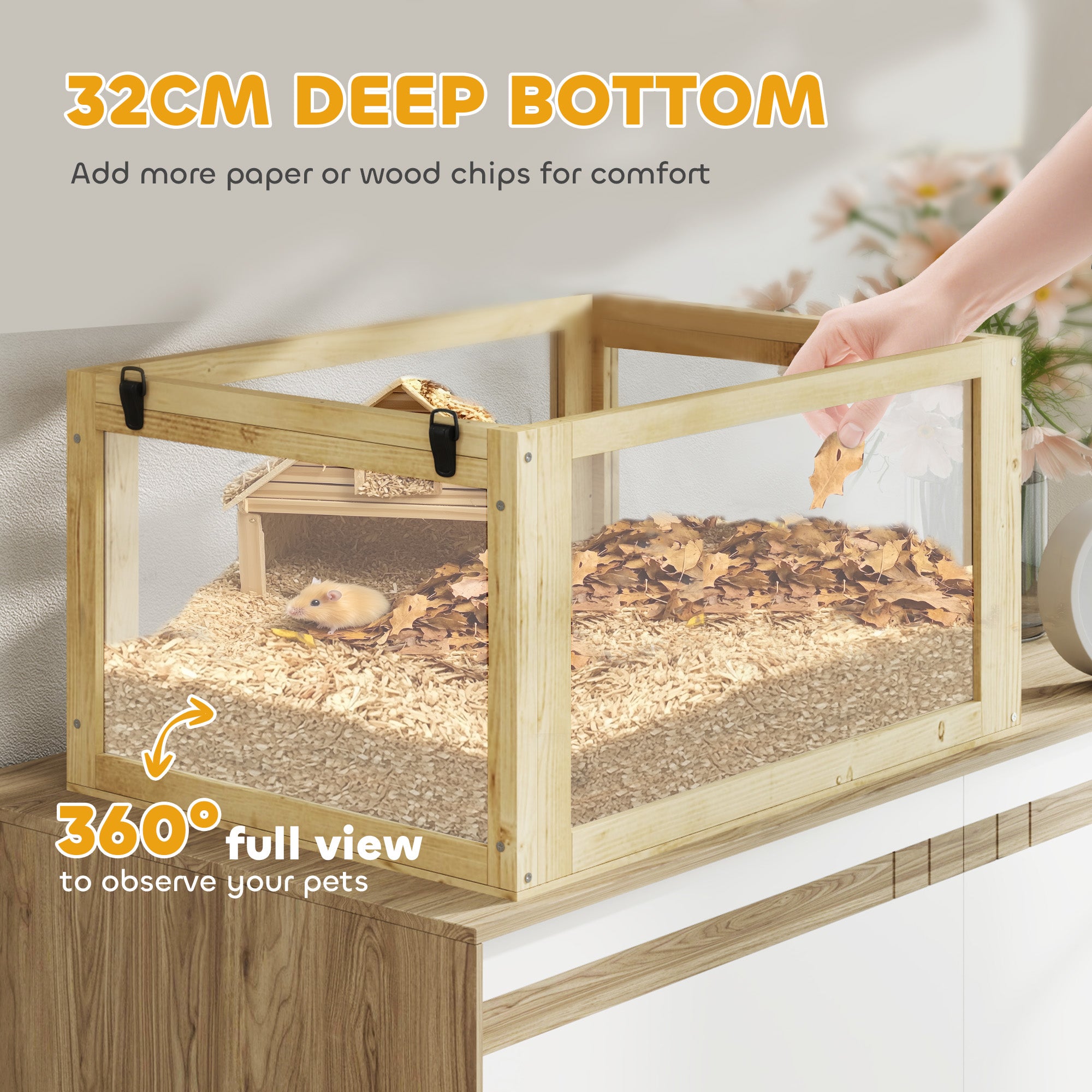 Wooden Hamster Cage, 3 Tier Gerbil Cage with Deep Bottom, Hut, Seesaw, Exercise Wheel, Ramps, 24" x 16" x 29.5"