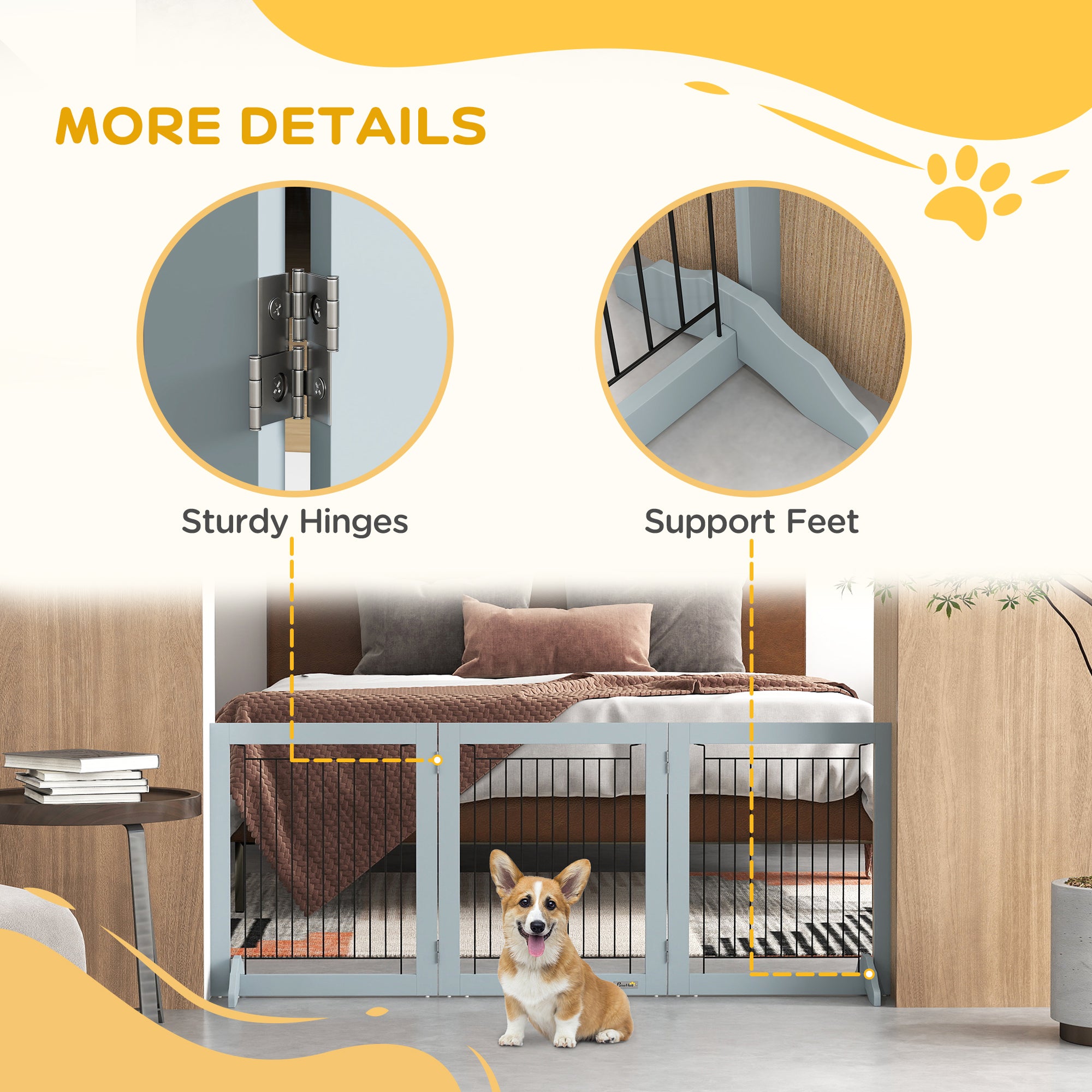 Freestanding Pet Gate, Folding Dog Gate with 2 Support Feet, 24" High, 3 Panels, for Small Dogs, Indoor Use - Grey