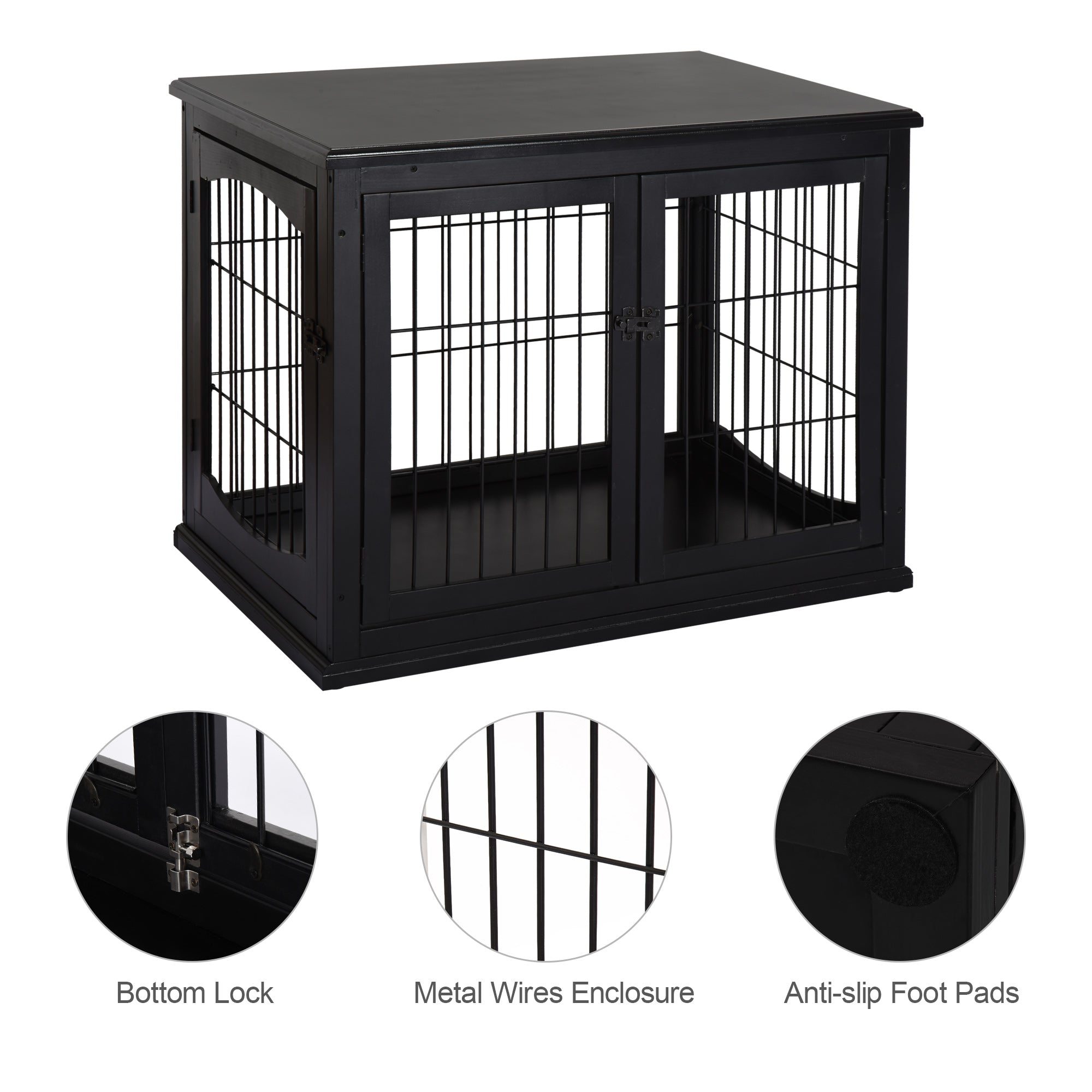 26" Wooden Dog Cage with Double Door Entrance & Simple Modern Design, Black