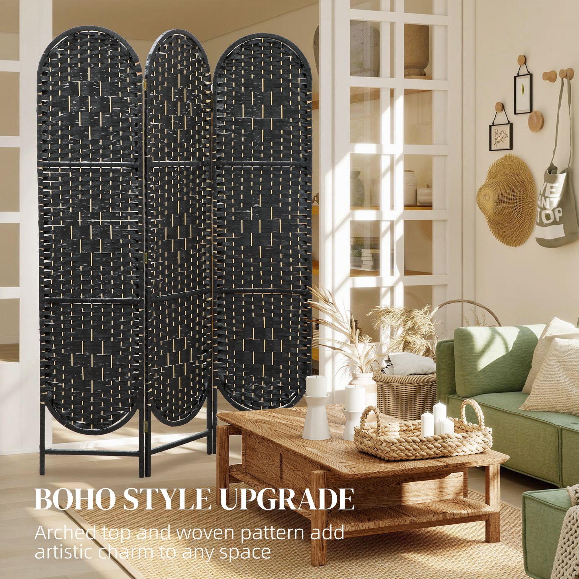 Paravent bohème, séparateur de pièce pliable à 3 panneaux avec partie supérieure cintrée pour chambre, salon ou bureau, noir