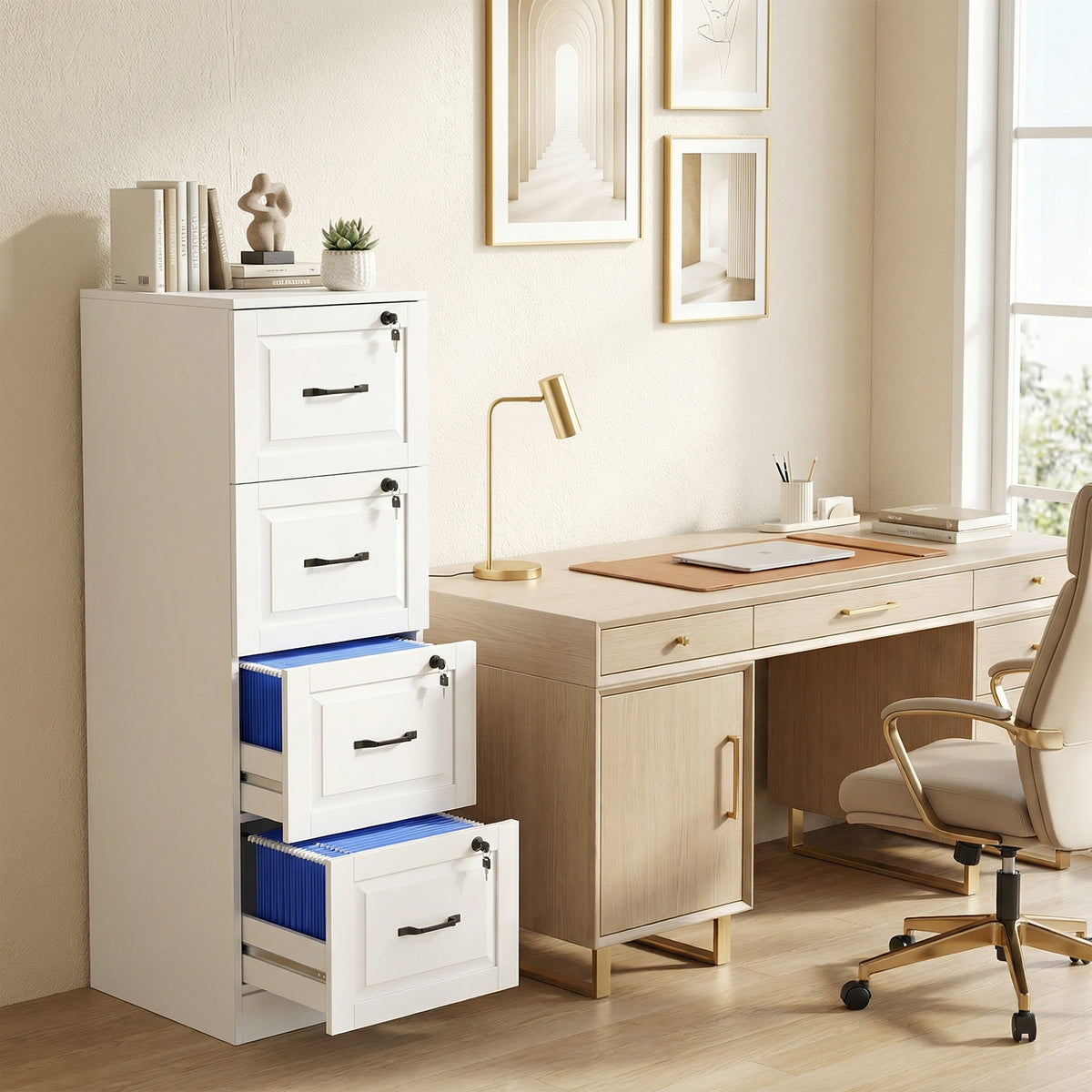 4-Drawer Vertical File Cabinet with Lock - White MDF 52" H