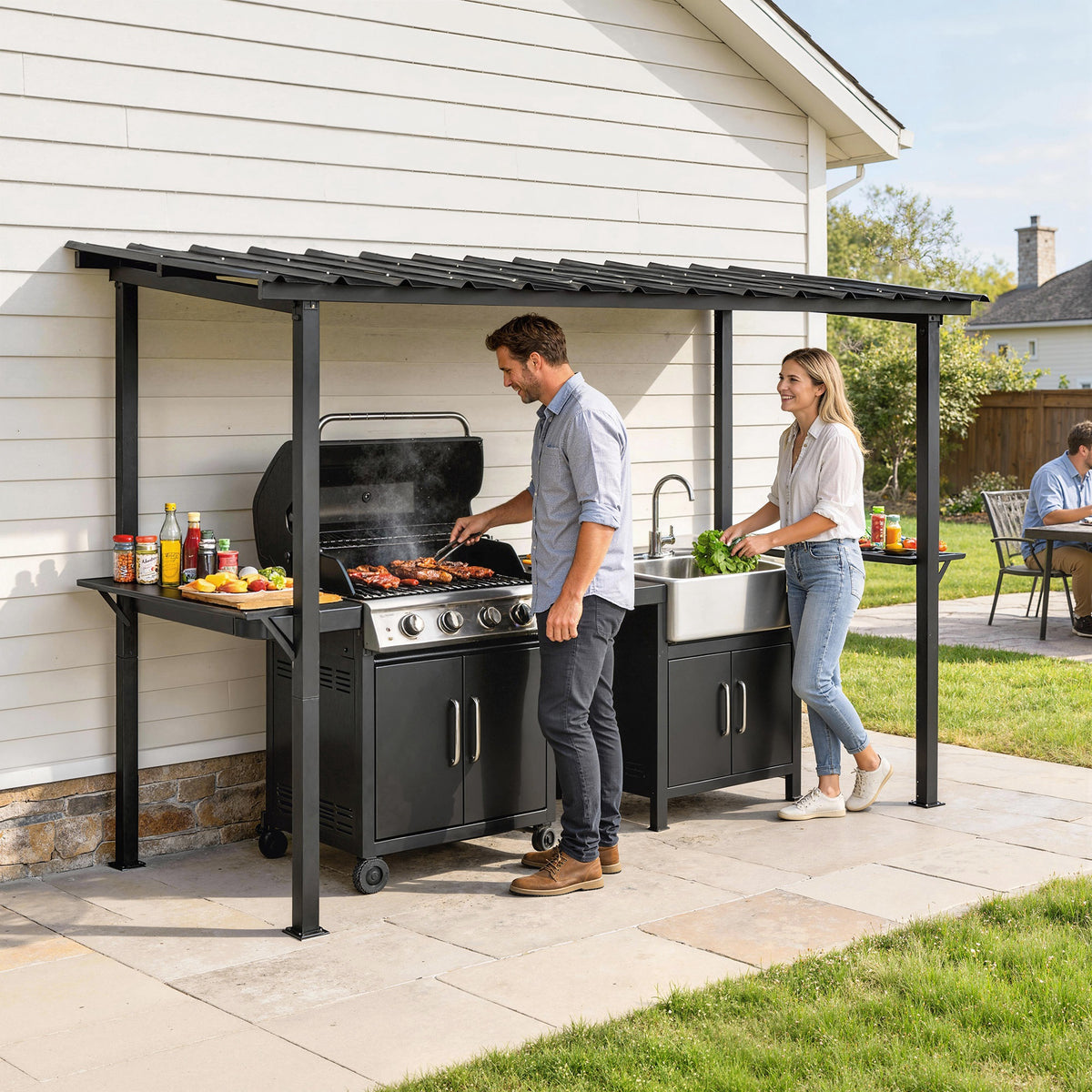 BBQ Gazebo 12'x6' Hardtop Black - 2 Shelves-Gazebos-DECOROLALA
