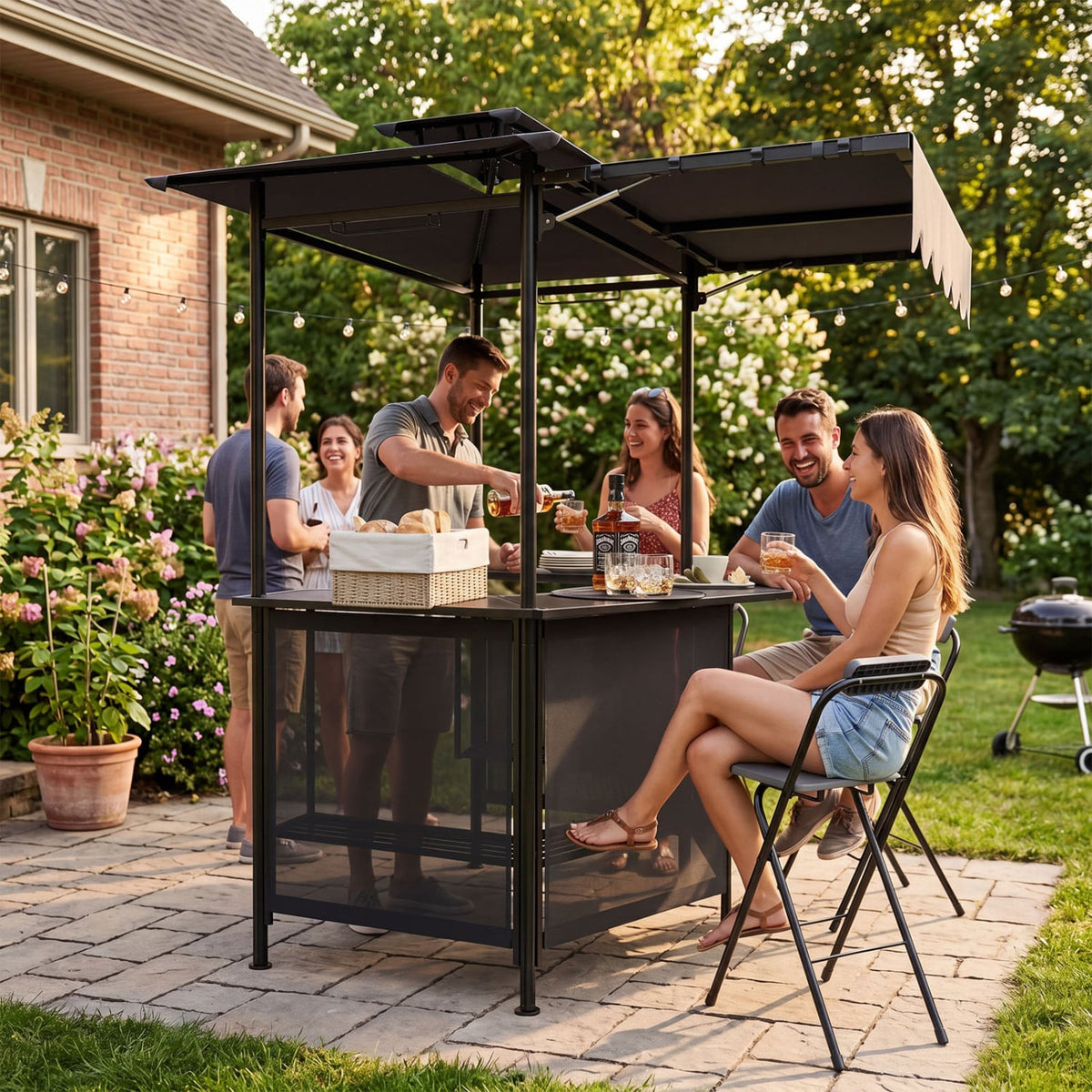 BBQ Gazebo Canopy with 4 Slatted Metal Shelves 6 Hanging Hooks and 2-Row Glass Holders-Black-Outdoor Bar Furniture-DECOROLALA