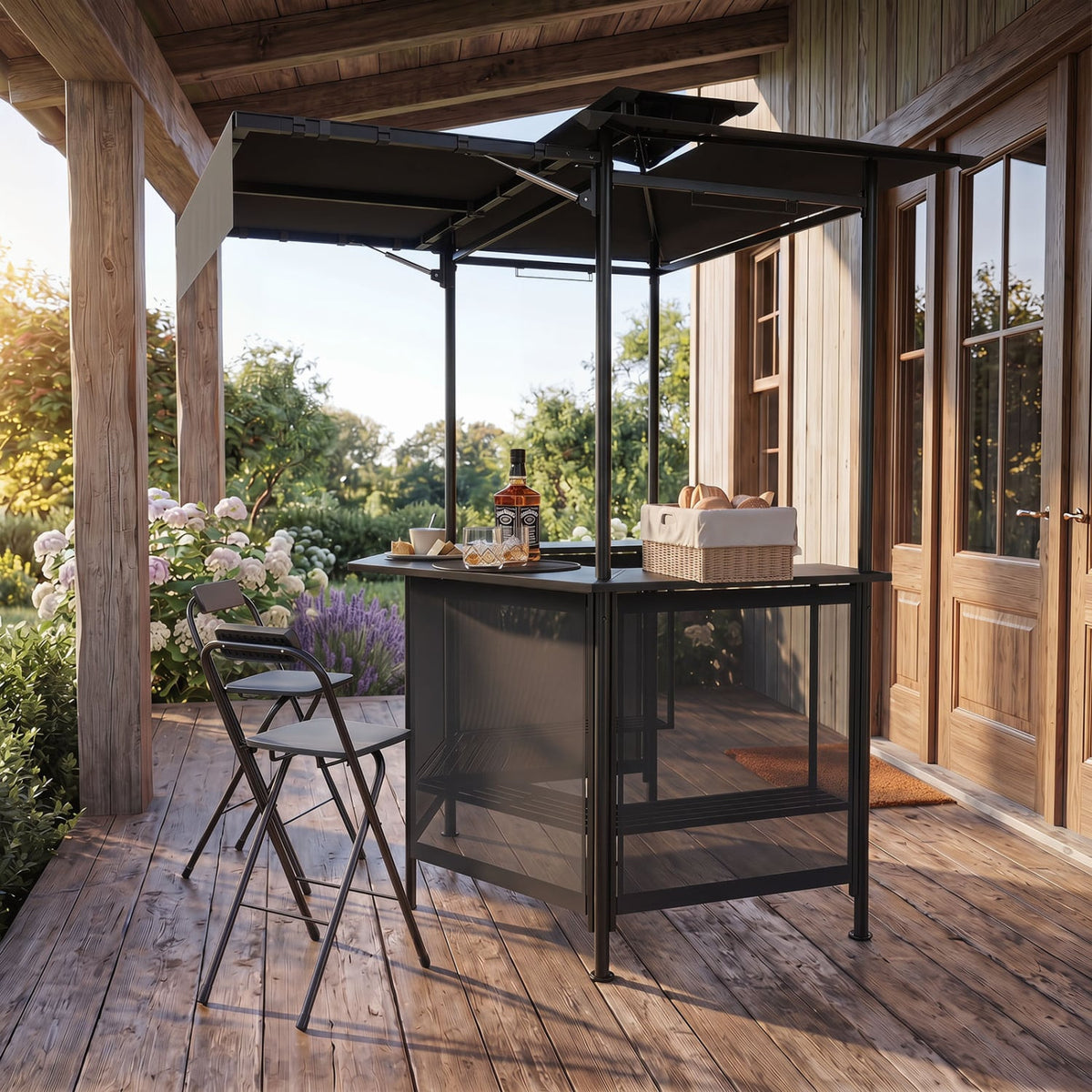BBQ Gazebo Canopy with 4 Slatted Metal Shelves 6 Hanging Hooks and 2-Row Glass Holders-Black-Outdoor Bar Furniture-DECOROLALA