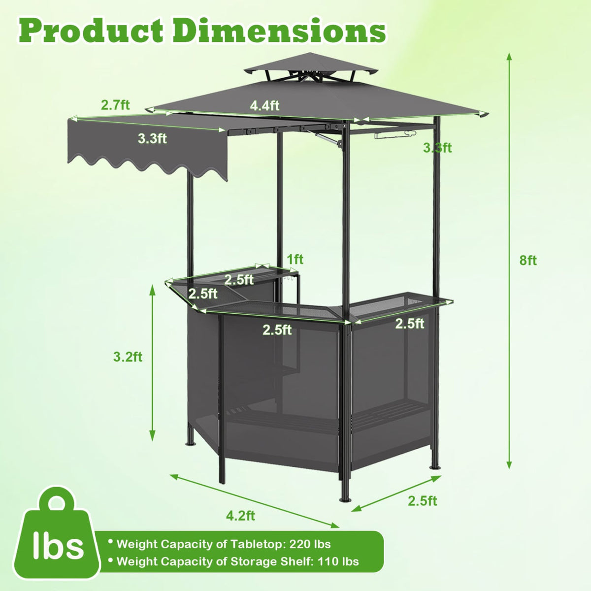 BBQ Gazebo Canopy with 4 Slatted Metal Shelves 6 Hanging Hooks and 2-Row Glass Holders-Black-Outdoor Bar Furniture-DECOROLALA