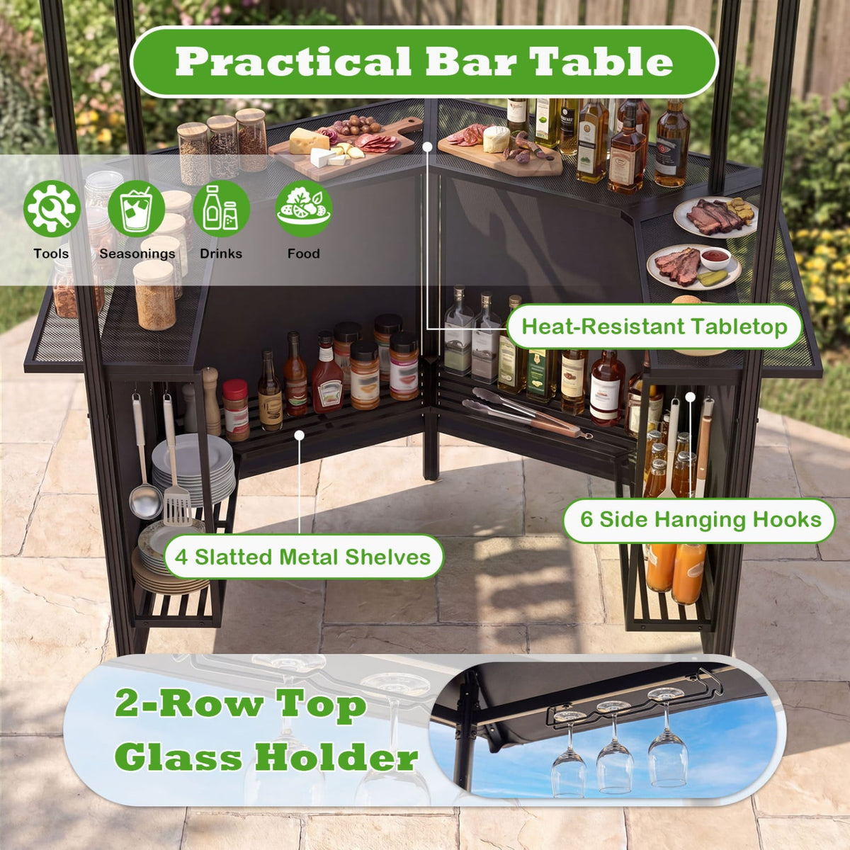 BBQ Gazebo Canopy with 4 Slatted Metal Shelves 6 Hanging Hooks and 2-Row Glass Holders-Black-Outdoor Bar Furniture-DECOROLALA