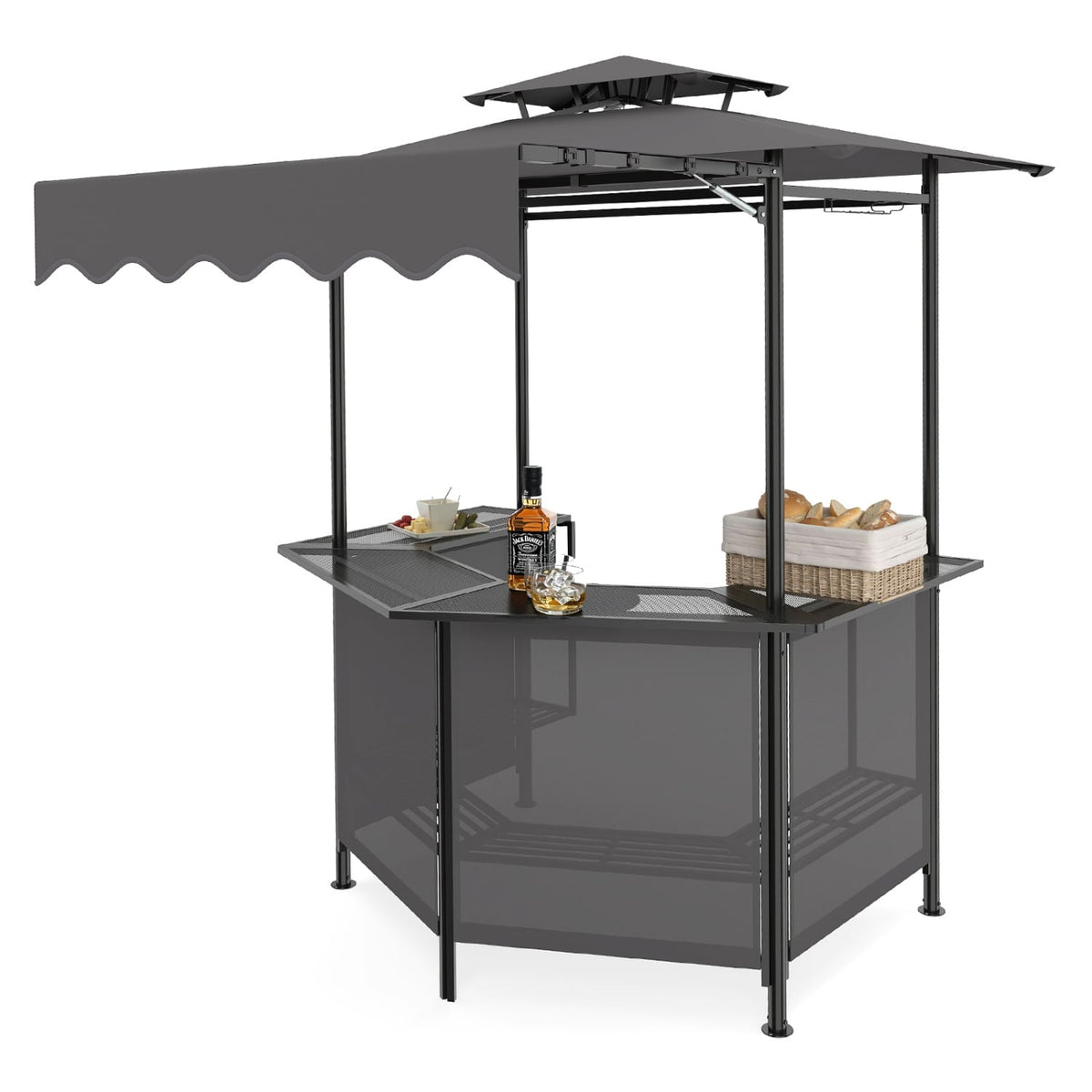 BBQ Gazebo Canopy with 4 Slatted Metal Shelves 6 Hanging Hooks and 2-Row Glass Holders-Black-Outdoor Bar Furniture-DECOROLALA