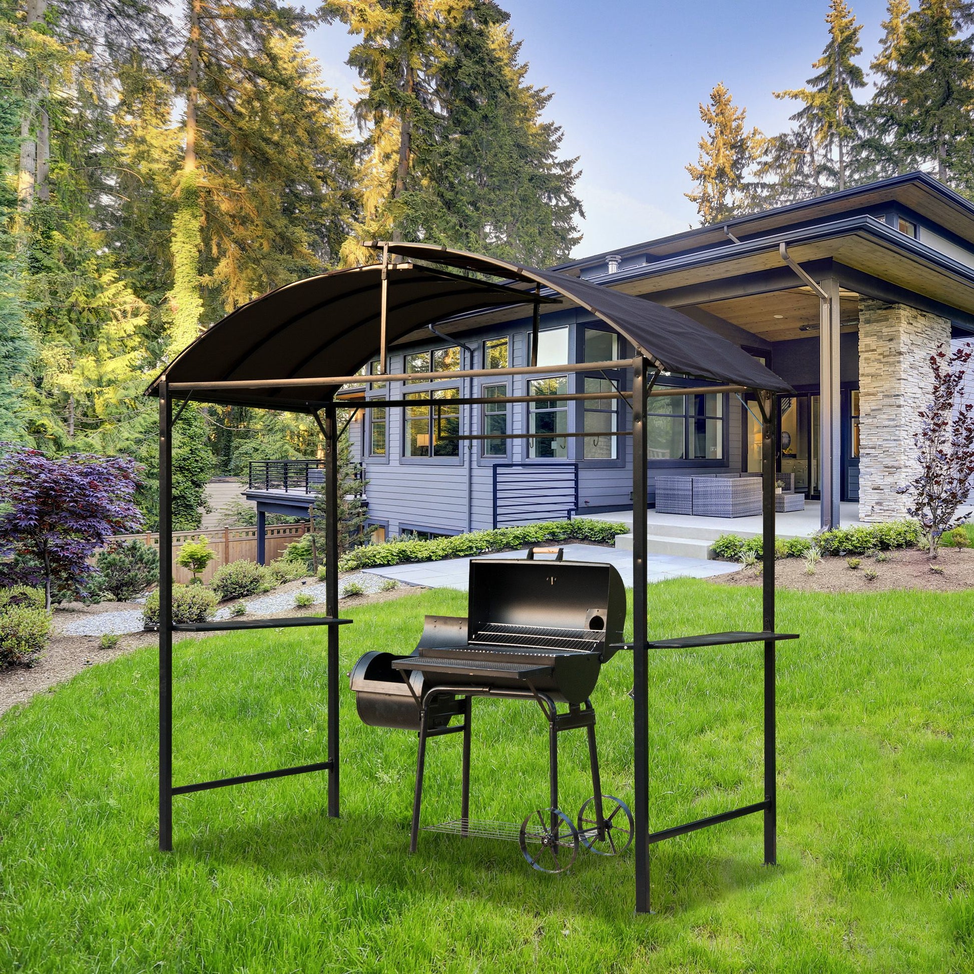 BBQ Gazebo Tent 8x4ft - Metal Frame Arch Canopy Sunshade Portable Shelter with Shelf Coffee-DECOROLALA