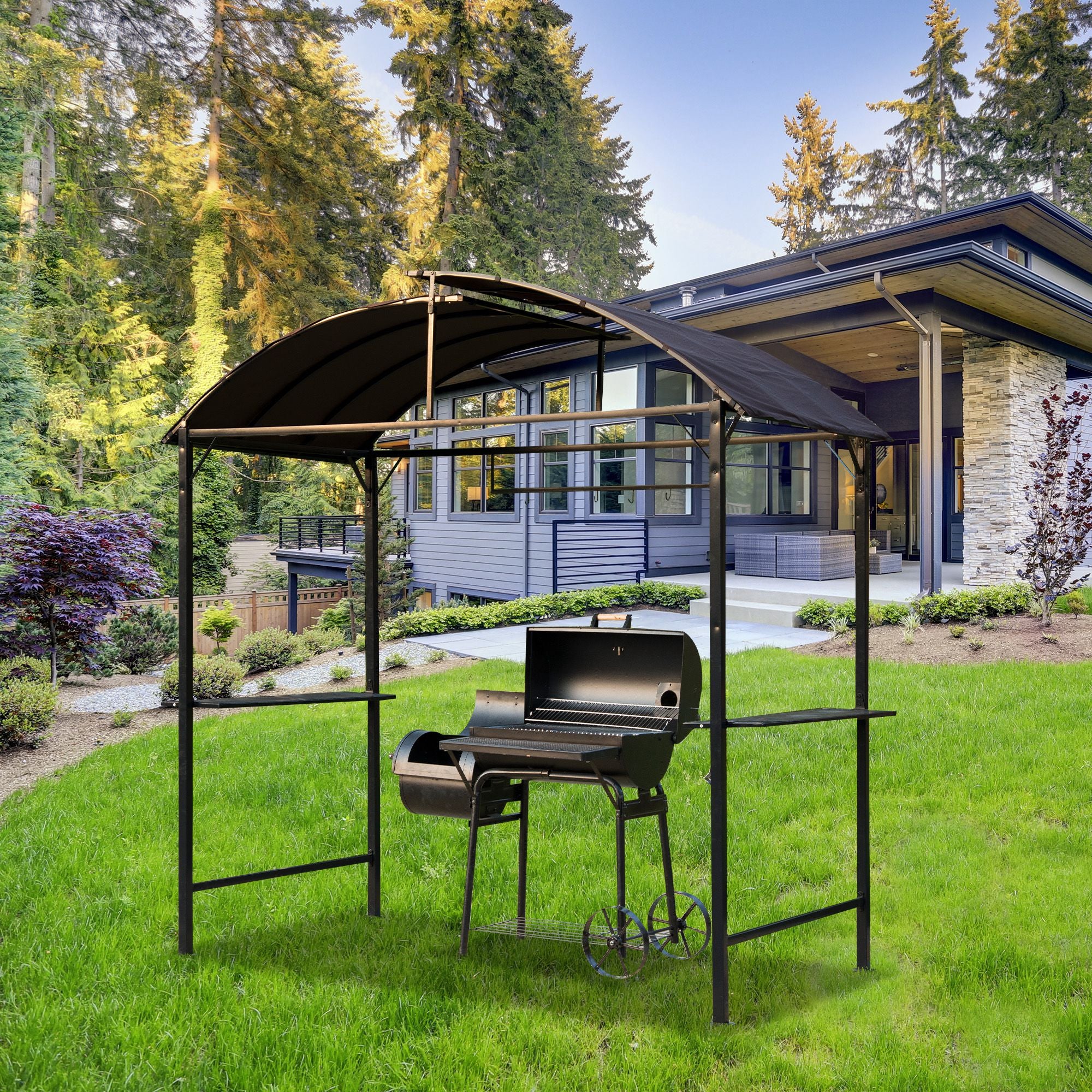 BBQ Gazebo Tent 8x4ft - Metal Frame Arch Canopy Sunshade Portable Shelter with Shelf Coffee-DECOROLALA
