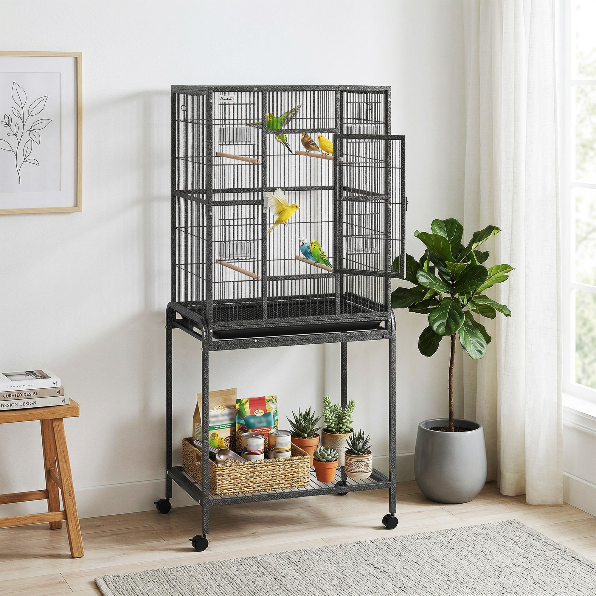 56"H Bird Cage, Parrot Cage w/ Detachable Rolling Stand, Removable Tray, Storage Shelf, Perches, Food Container