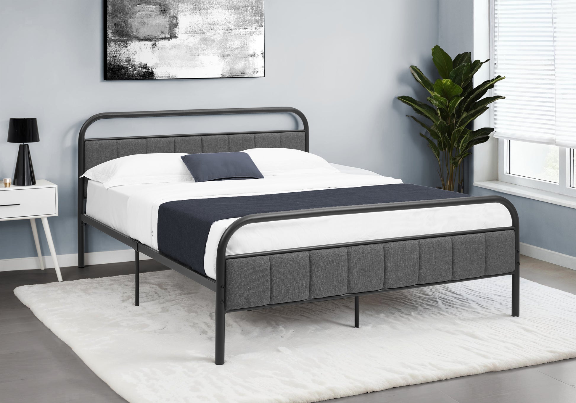 BED - QUEEN SIZE / GREY FABRIC / BLACK METAL PLATFORM-Standard Beds-DECOROLALA