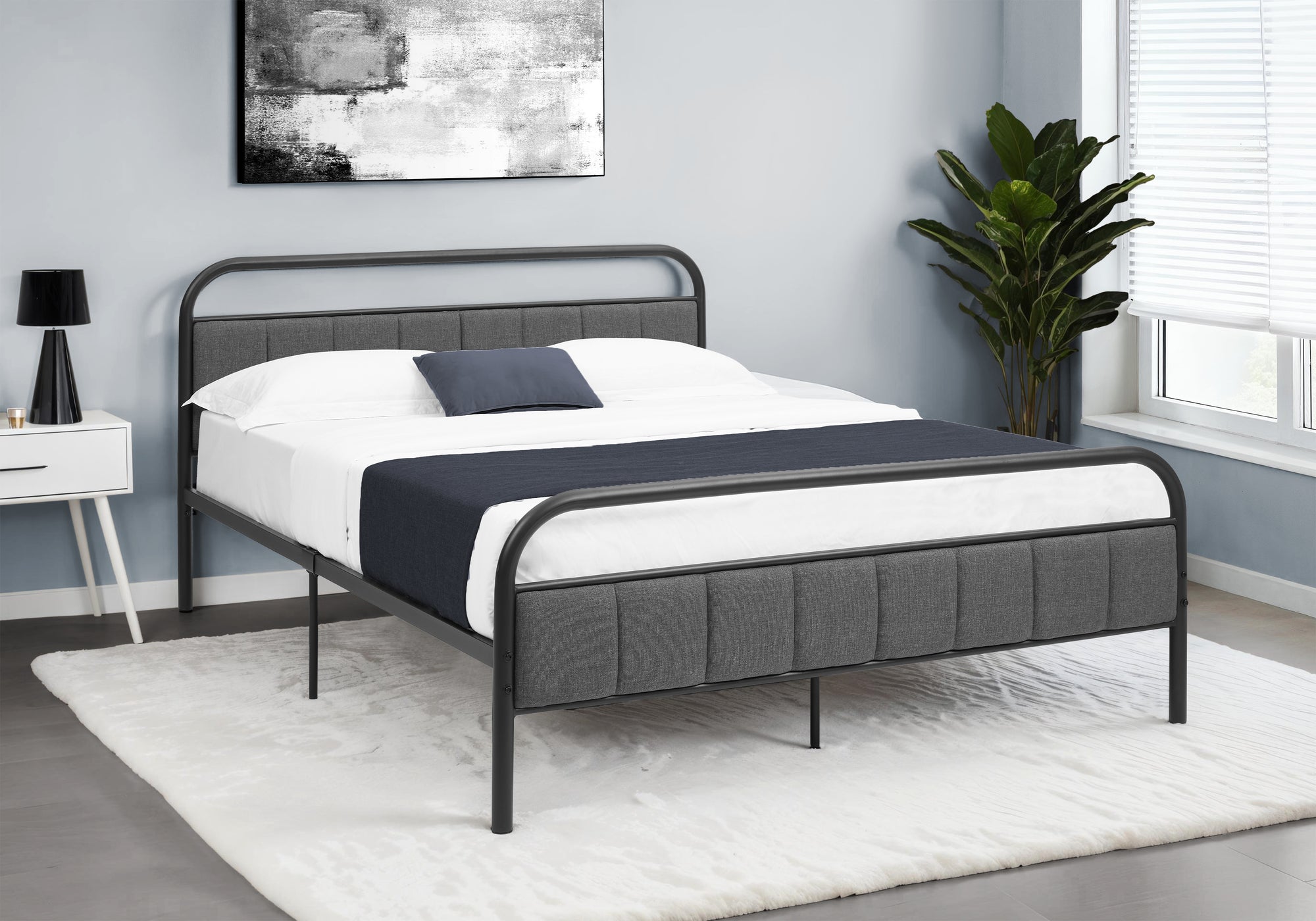 BED - QUEEN SIZE / GREY FABRIC / BLACK METAL PLATFORM-Standard Beds-DECOROLALA