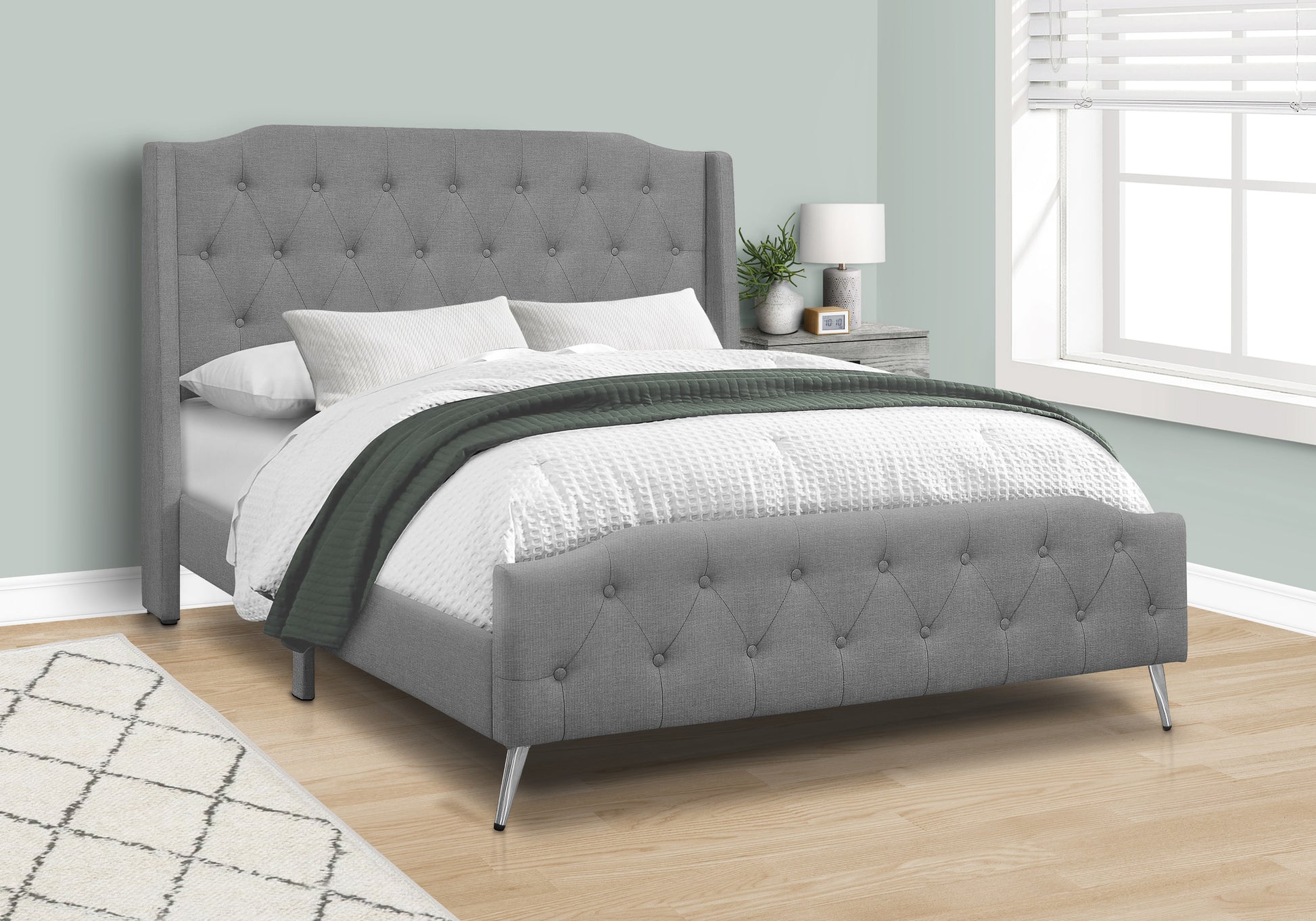 BED - QUEEN SIZE / GREY LINEN WITH CHROME METAL LEGS-Standard Beds-DECOROLALA