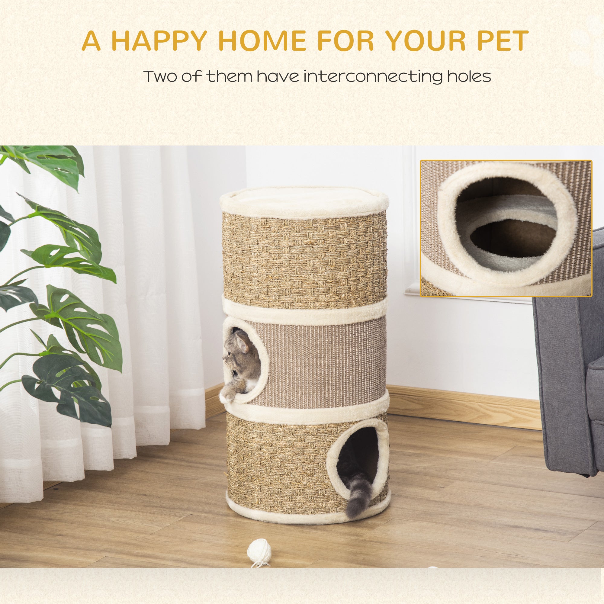 Cat Condo 3 Story Three Holes with Sisal Seaweed Scratching Cover Surface, Cat Tower for Indoor Cats, 15" x 28", Khaki and Brown