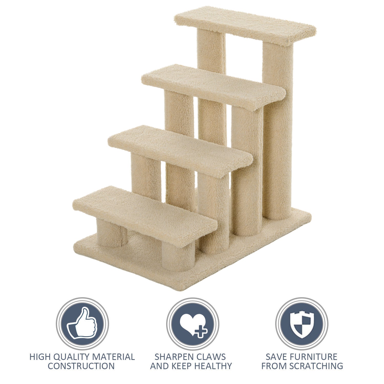 Escalier pour animaux à 4 marches de 23.5", meuble avec griffoir pour chiens et chats, blanc crème