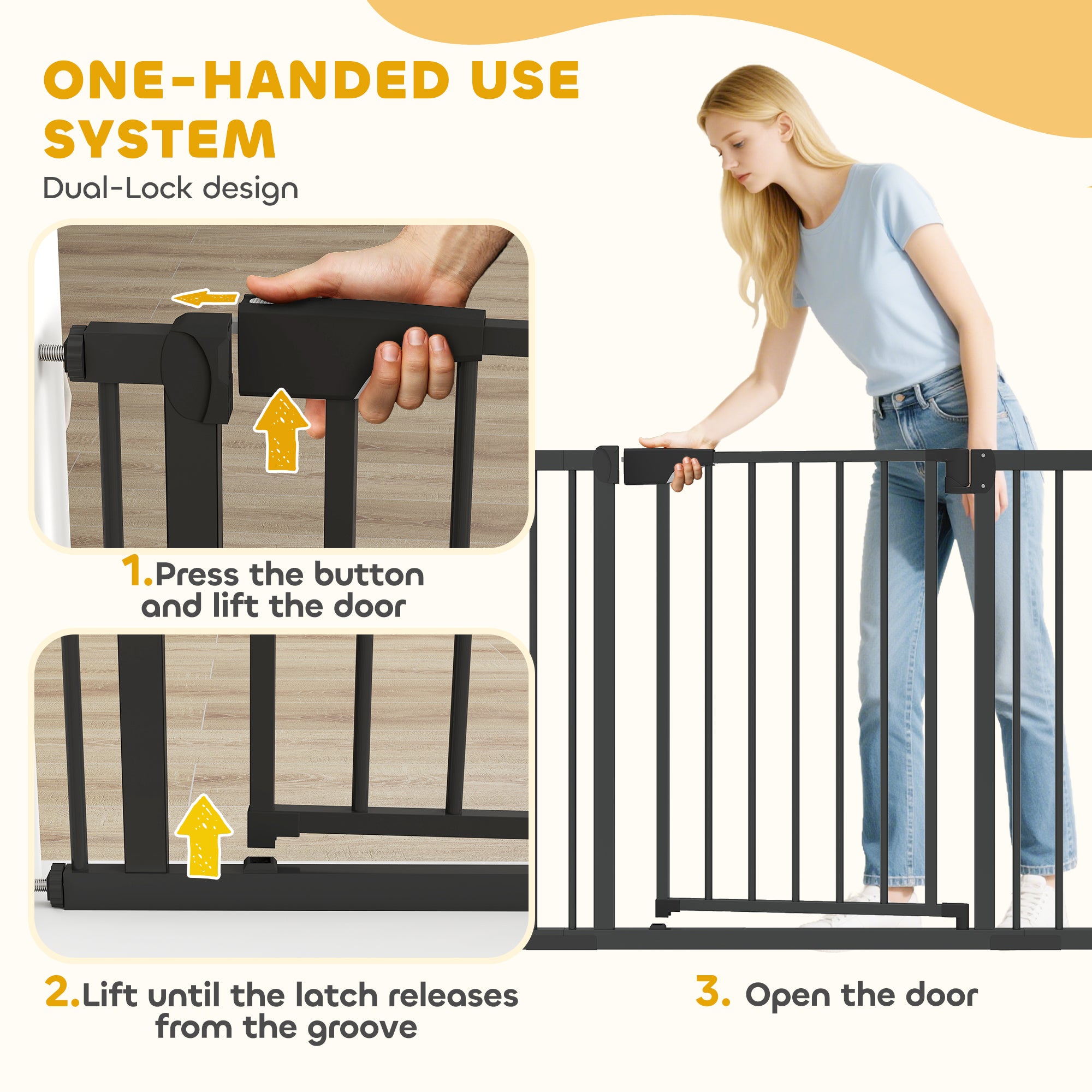 Baby Gate, Pet Safety Gate Pressure Fit, 30"-40" Wide with Two-Way Open, Auto-Close for Stair, Doorways, Hallways, Black