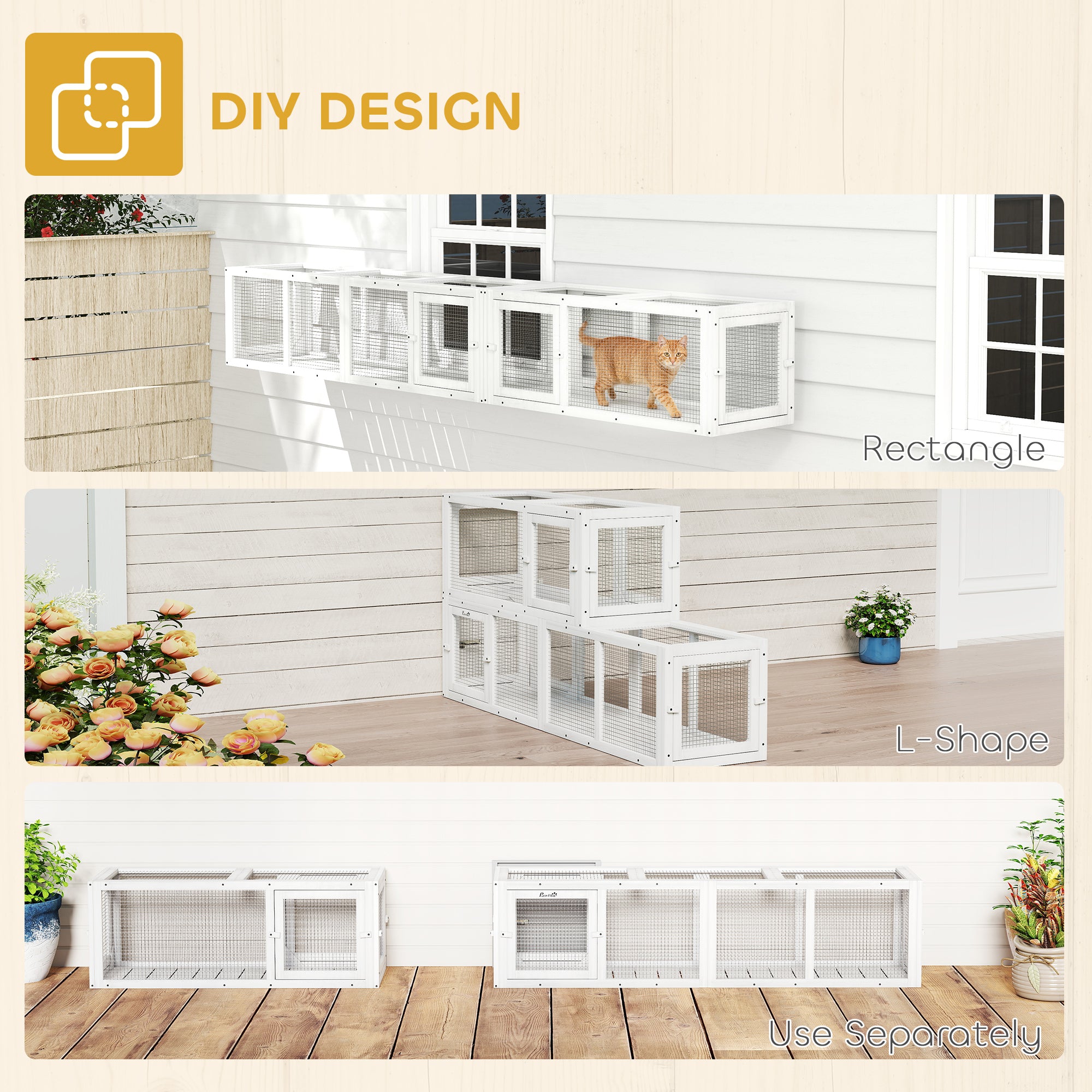 Cat Tunnel, Outdoor Cat Enclosure with Combinable Design, 8 Doors, 98" Kitty Toys for House, Window, Cage, White