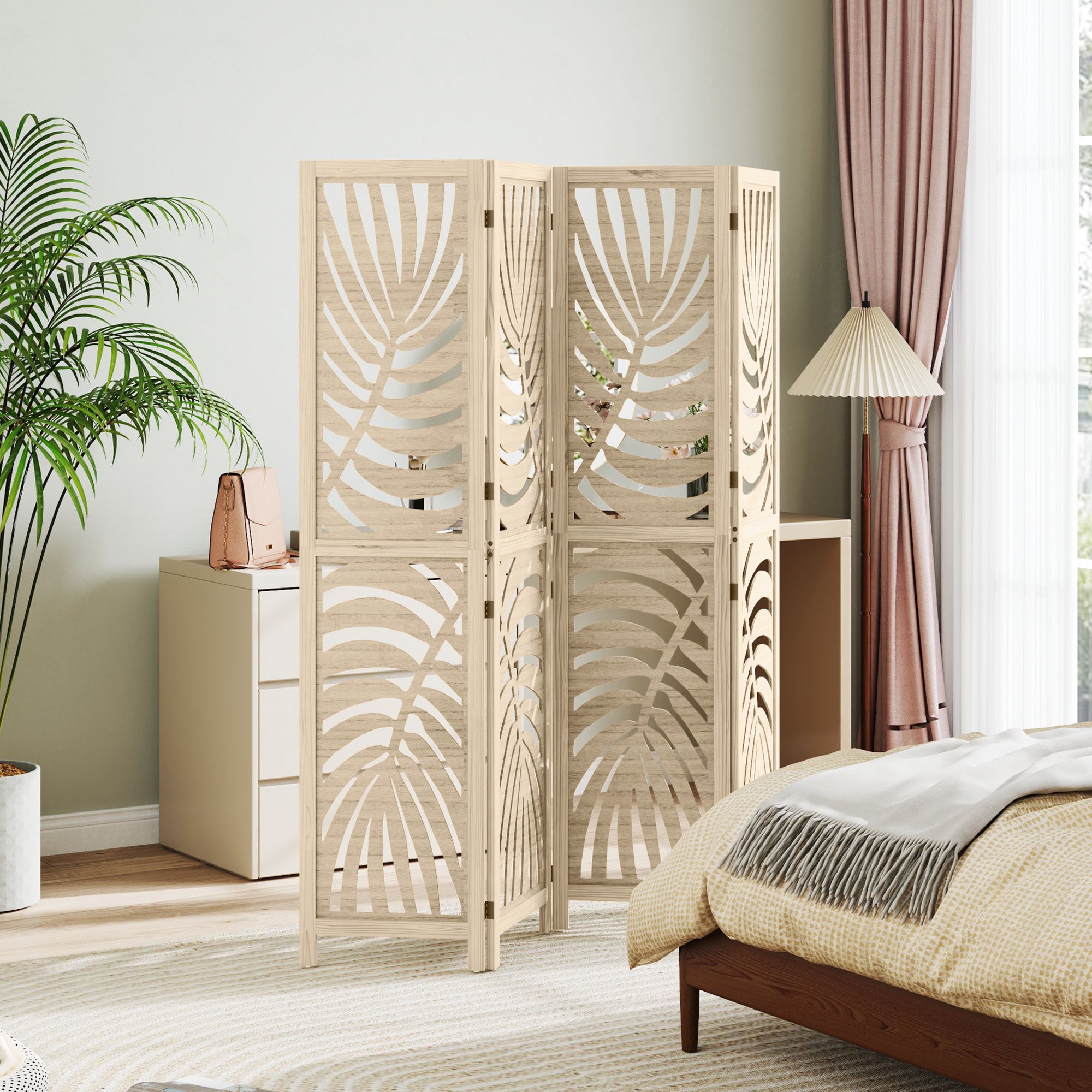 Séparateur de pièce à 4 panneaux, paravents pliants amovibles avec motif de feuilles de palmier pour bureau à domicile, finition bois naturel