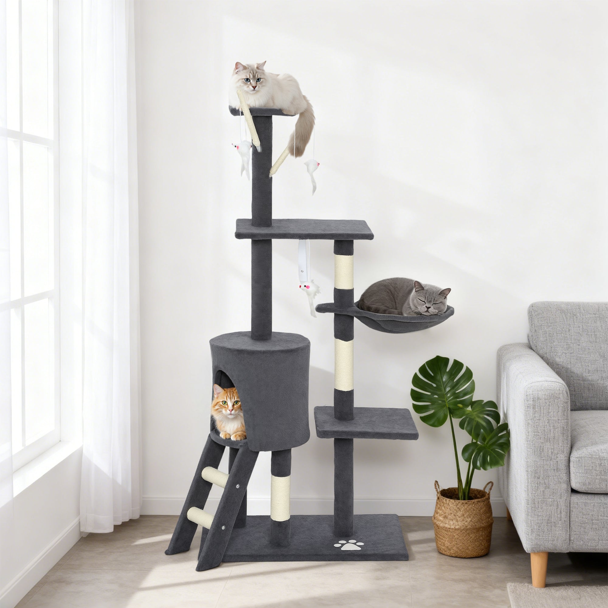 53" Cat Tree Tower, Kitten Activity Centre with Scratching Posts, Condo, Perches, Ladder, Hammock, Dangling Toys, Dark Grey