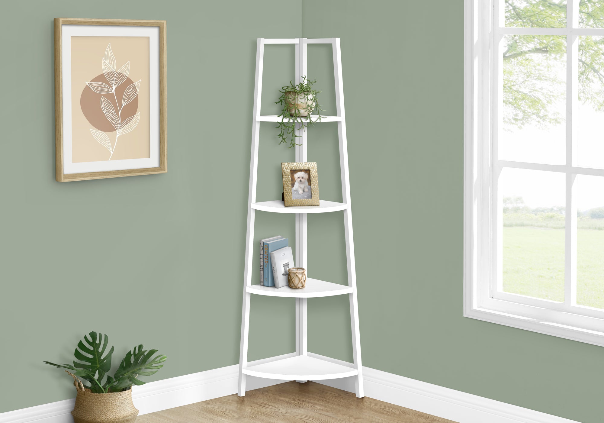 BOOKCASE - 60"H / WHITE / WHITE METAL CORNER ETAGERE-Bookshelf-DECOROLALA