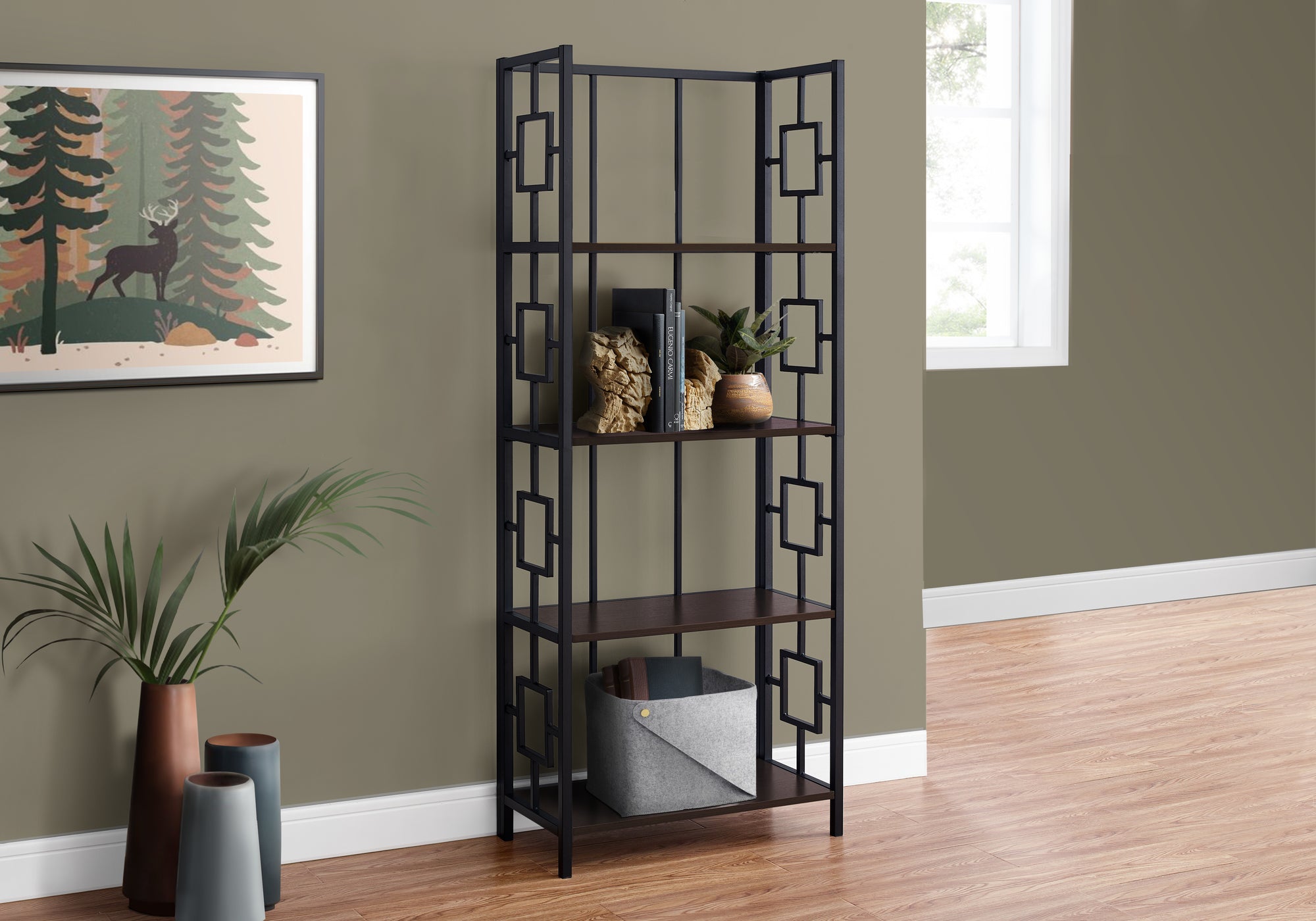 BOOKCASE - 62"H / ESPRESSO / BLACK METAL ETAGERE-Bookshelf-DECOROLALA